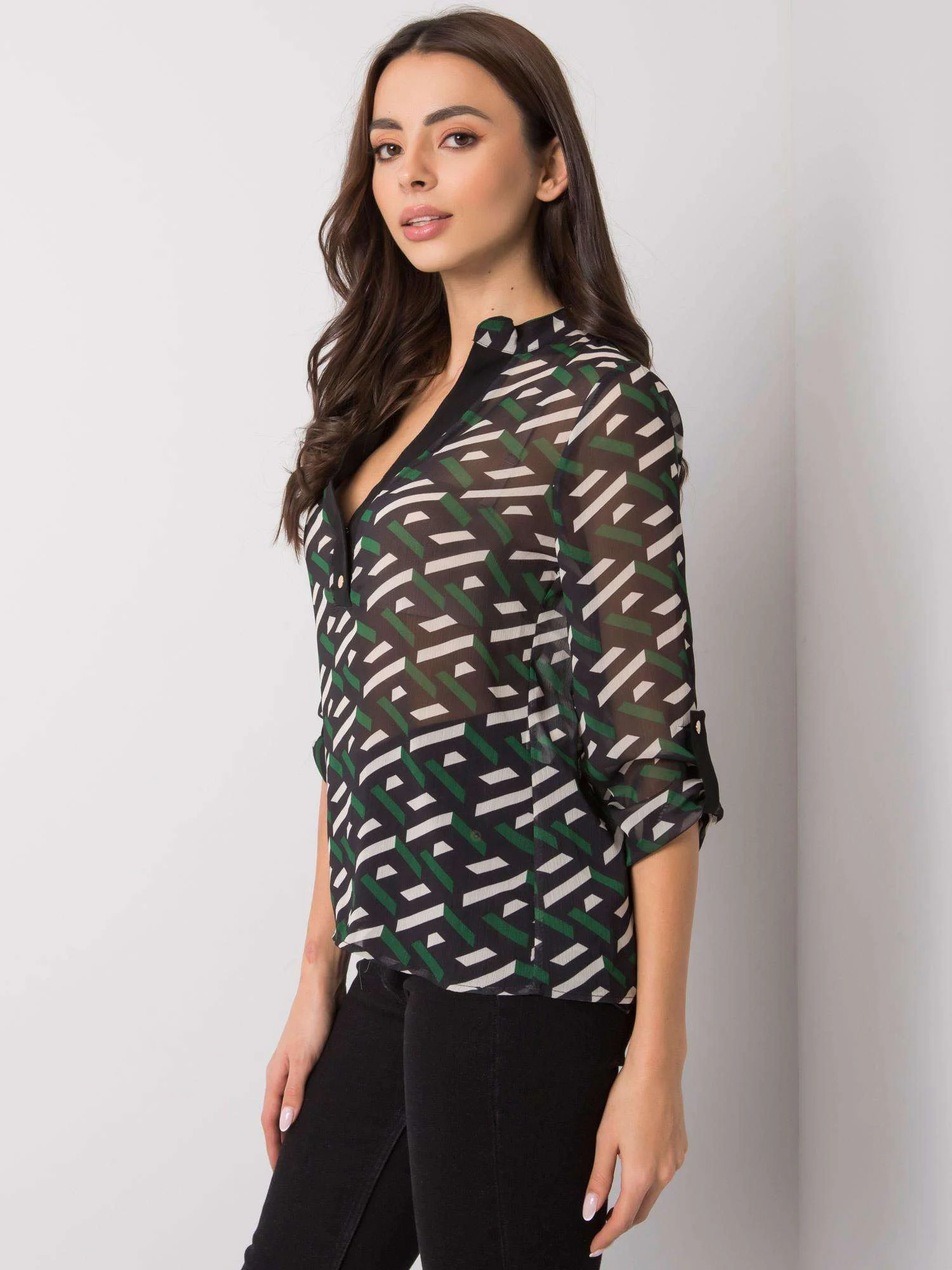 Bluza Dama Maneca 3/4, Imprimat, POLE&POLE, Verde Eleganta Office - imagine 3