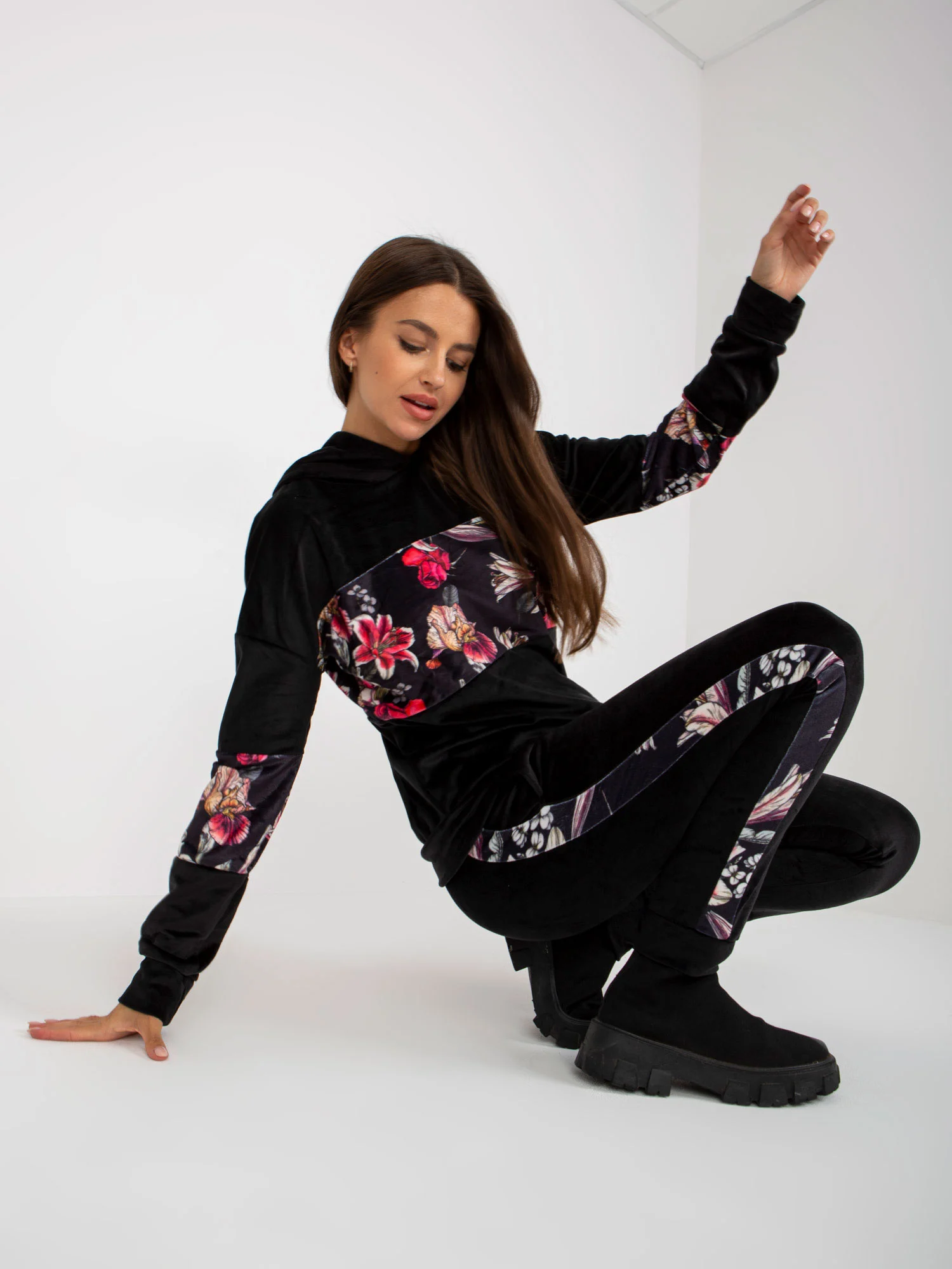 Compleu Dama Maneca lunga, Floral, RUE PARIS, Negru Casual - imagine 3