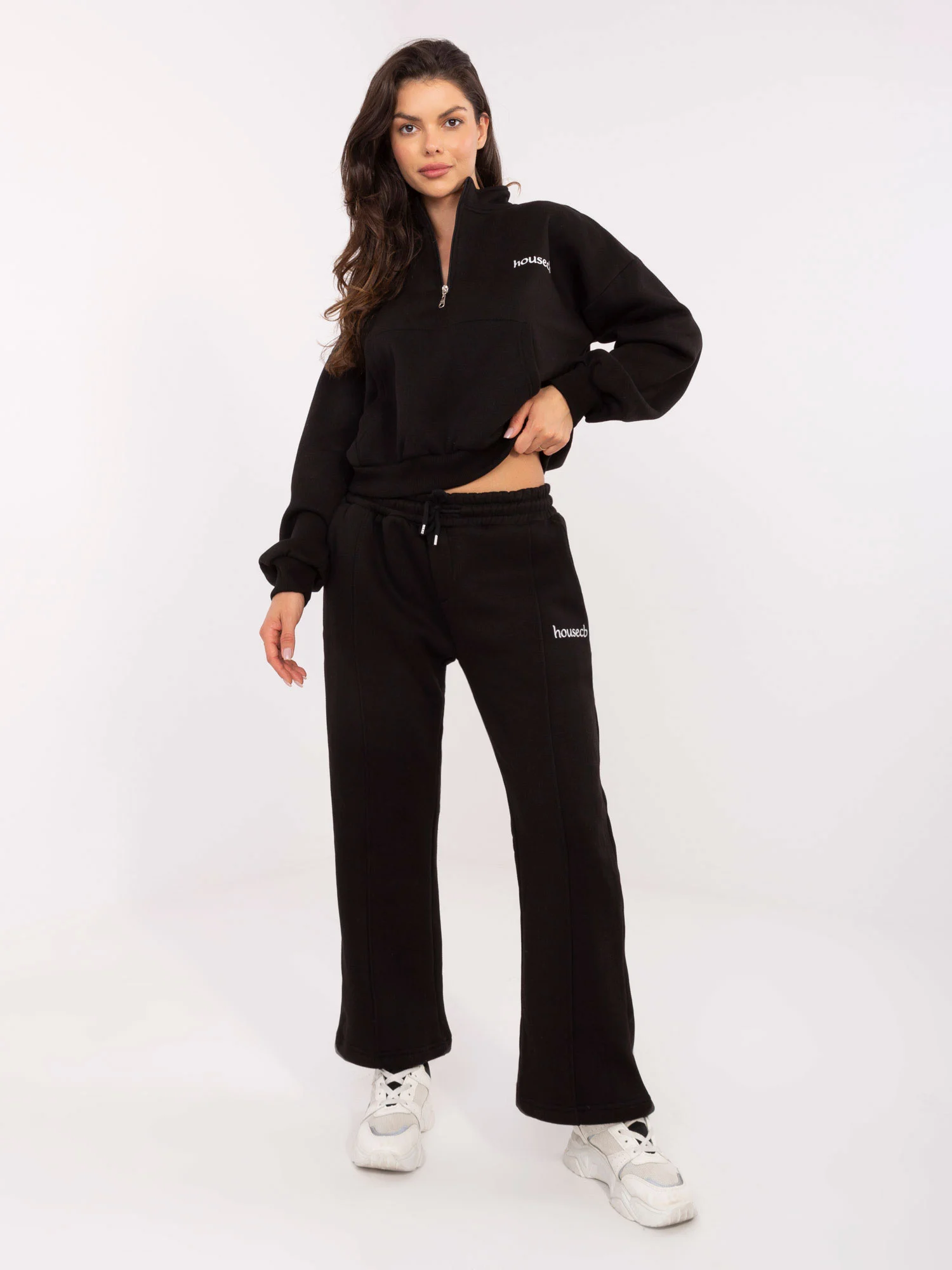 Compleu Dama Maneca lunga, Decolteu guler tunica, ex moda, Negru - imagine 3
