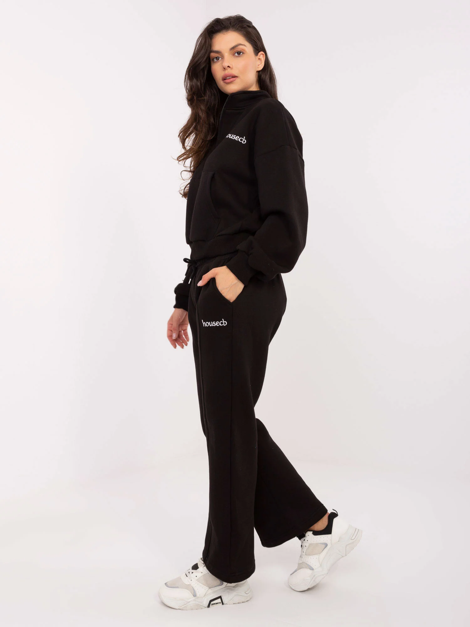 Compleu Dama Maneca lunga, Decolteu guler tunica, ex moda, Negru - imagine 2