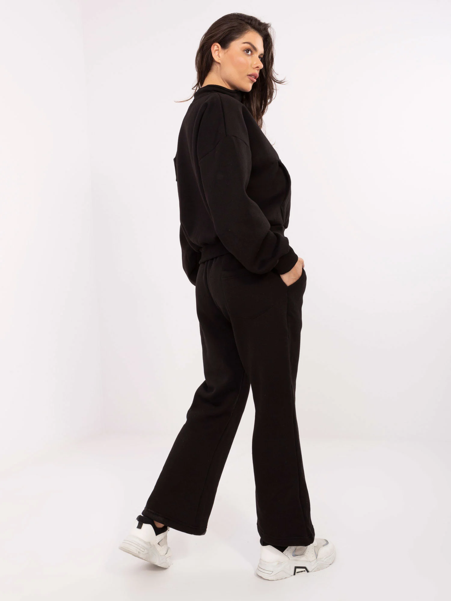 Compleu Dama Maneca lunga, Decolteu guler tunica, ex moda, Negru - imagine 4