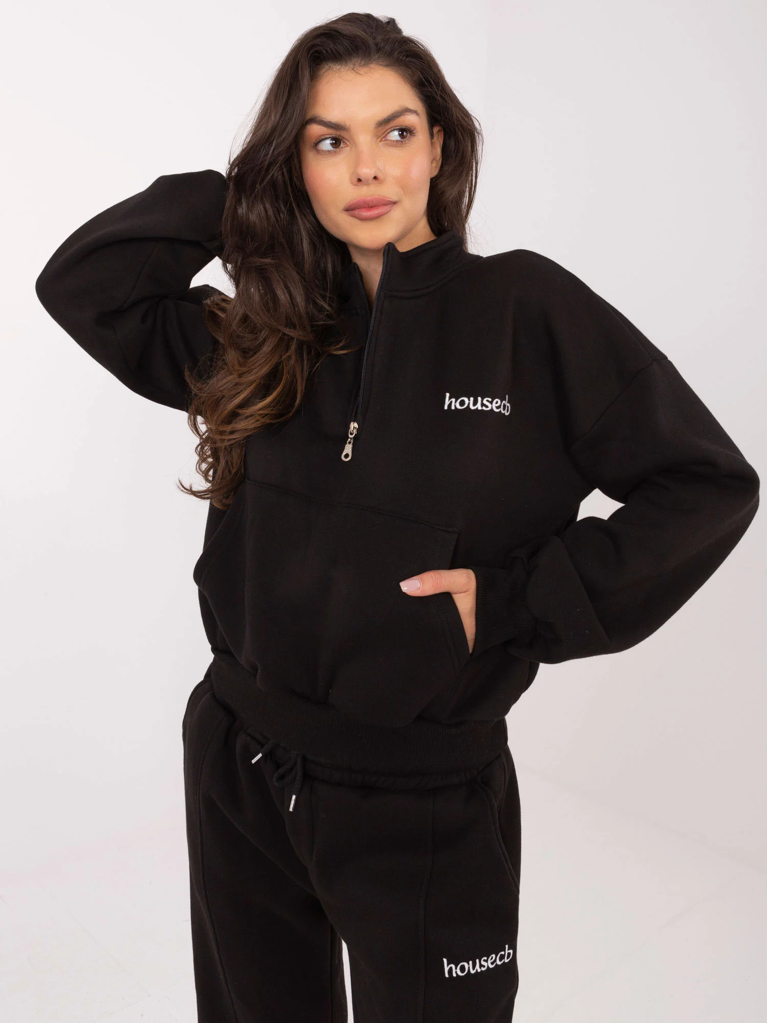 Compleu Dama Maneca lunga, Decolteu guler tunica, ex moda, Negru - imagine 5