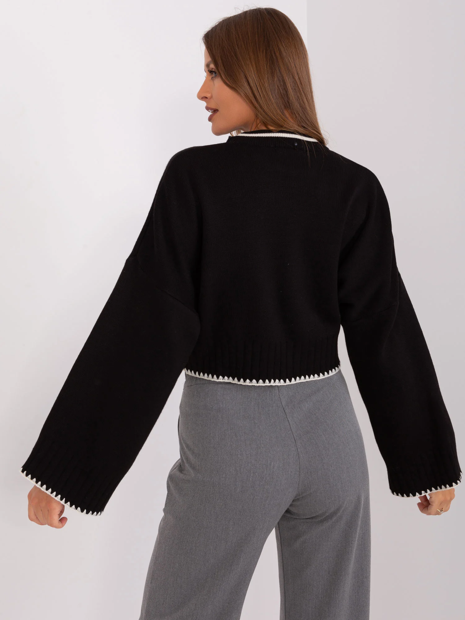 Pulover Dama Mini, Decolteu rotund, MISS FRA, Negru Casual - Image 4