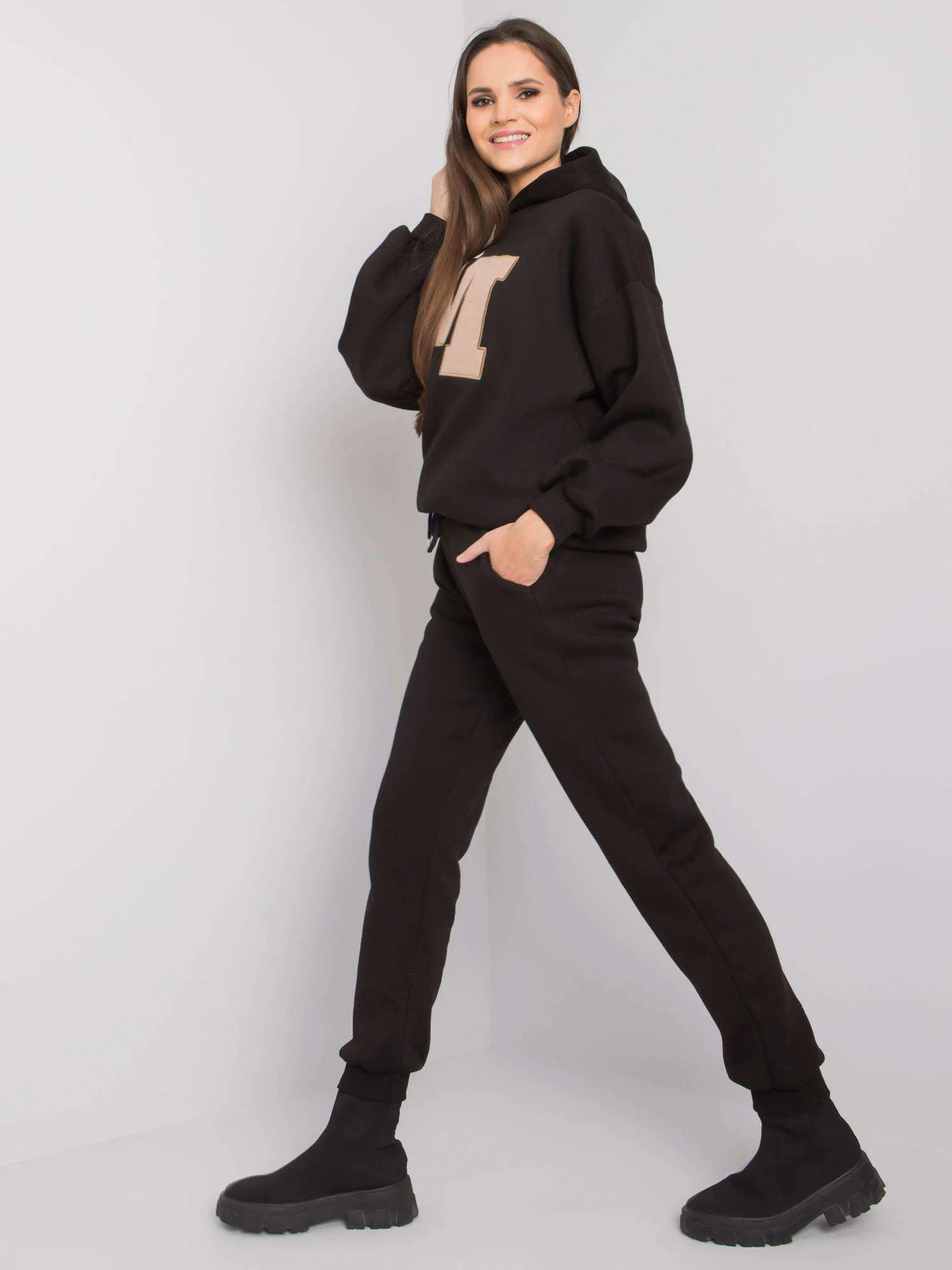 Compleu Dama Maneca lunga, Decolteu cu gluga, ex moda, Negru - imagine 2