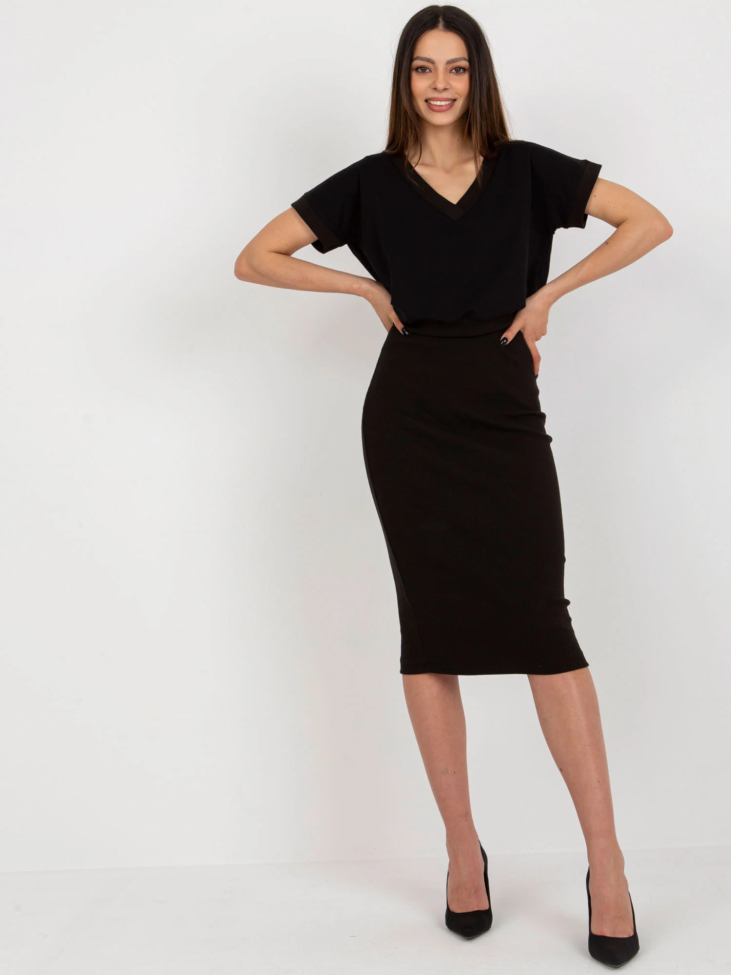 Compleu Dama Midi, Dungi, RUE PARIS, Negru Eleganta Office - imagine 2