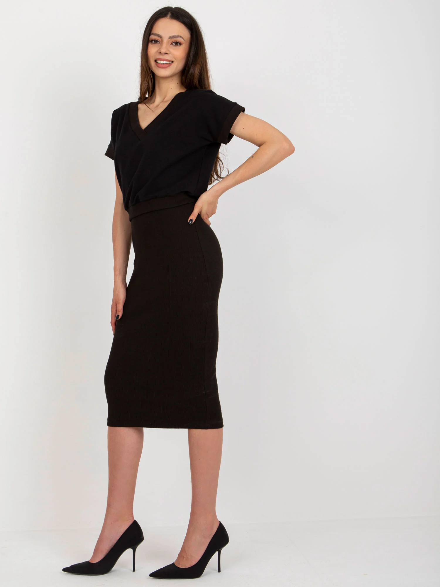 Compleu Dama Midi, Dungi, RUE PARIS, Negru Eleganta Office - imagine 8