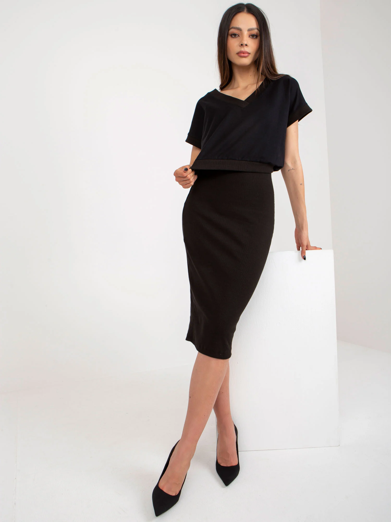 Compleu Dama Midi, Dungi, RUE PARIS, Negru Eleganta Office - imagine 5