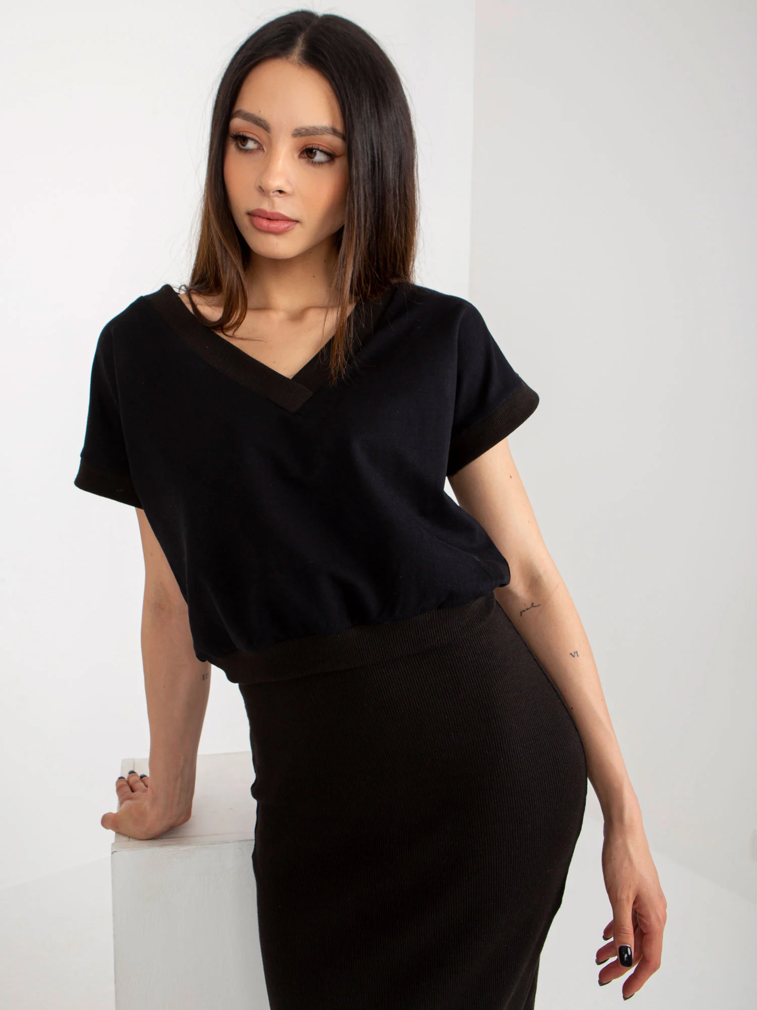 Compleu Dama Midi, Dungi, RUE PARIS, Negru Eleganta Office - imagine 4