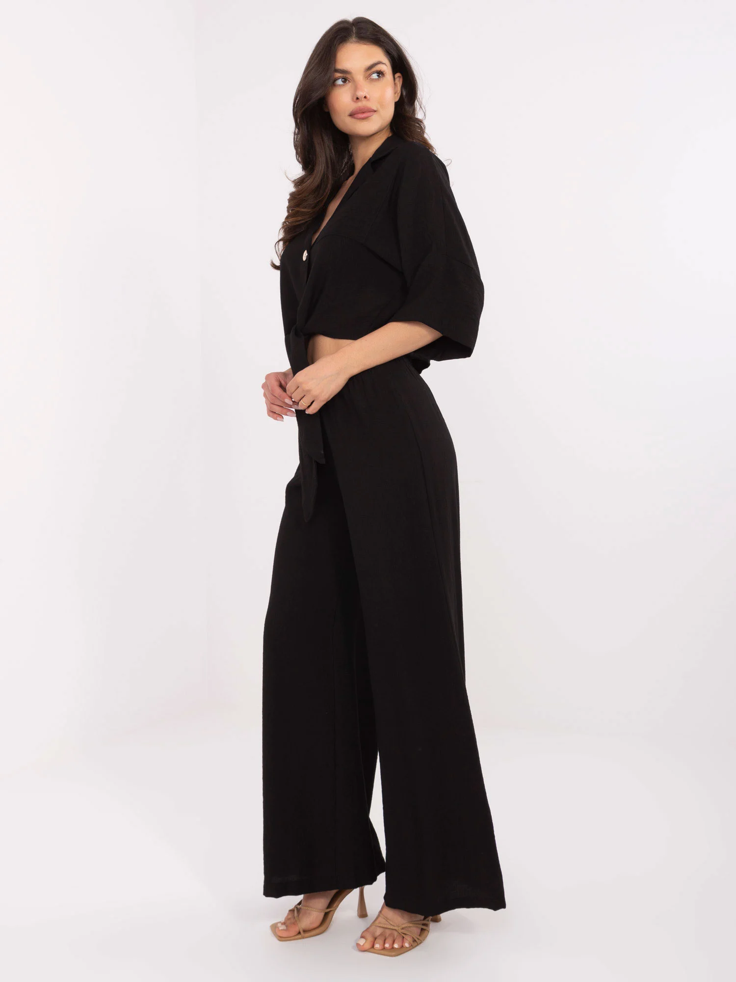 Compleu Dama Maneca 3/4, Larga, Och Bella, Negru Casual - Image 3