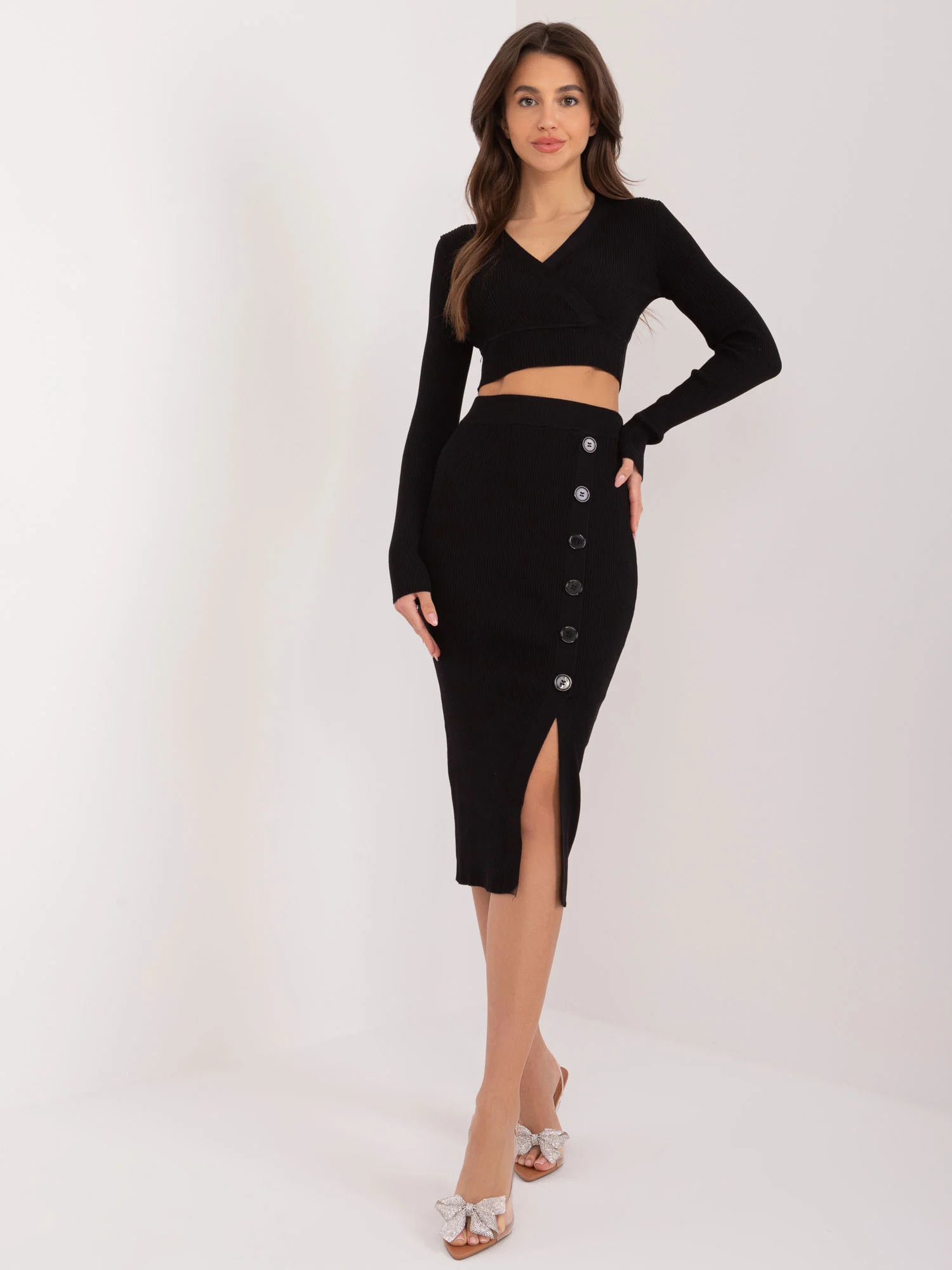 Compleu Dama Midi, Dungi, Lamiar, Negru Eleganta Office - imagine 4