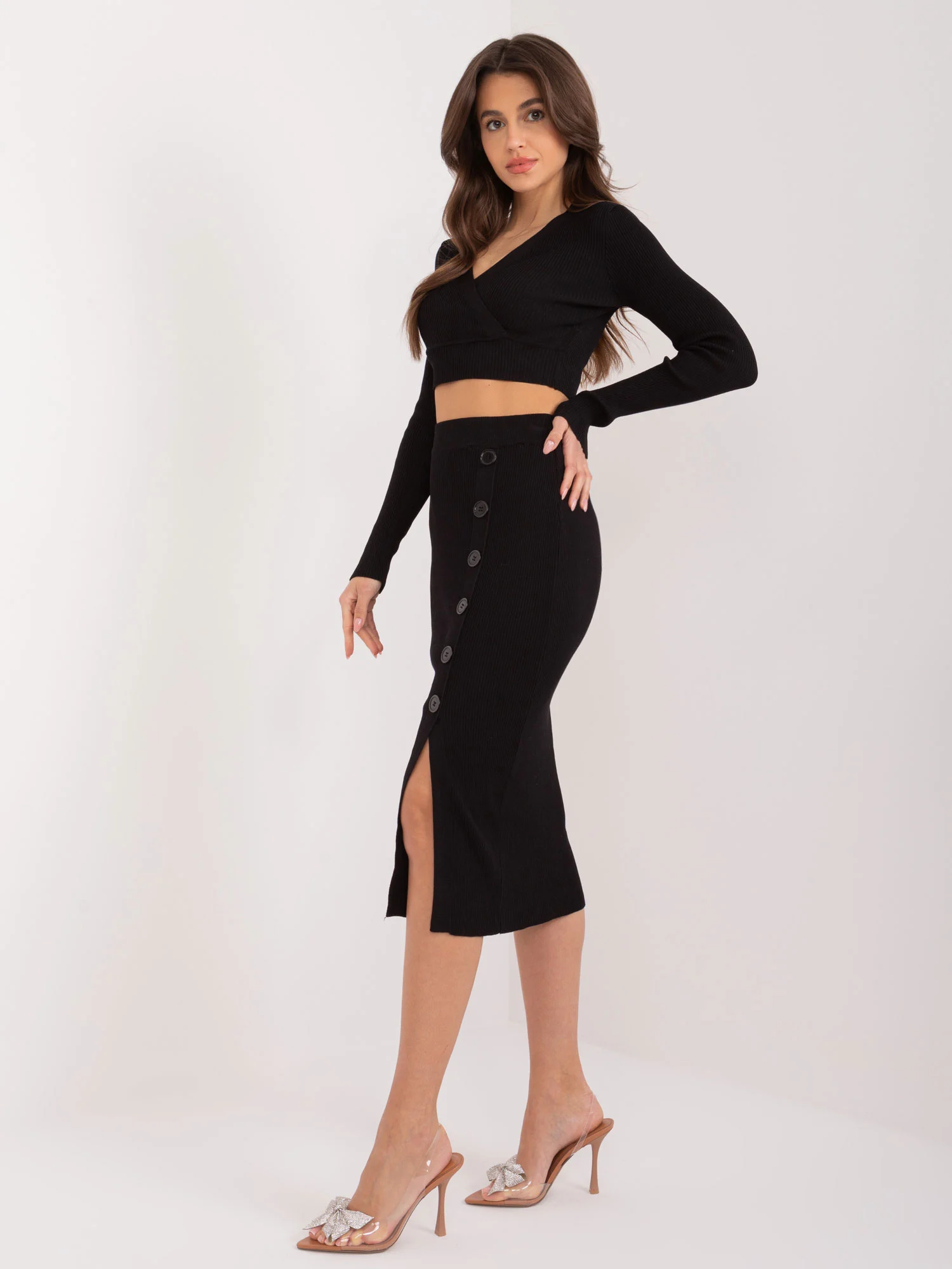 Compleu Dama Midi, Dungi, Lamiar, Negru Eleganta Office - imagine 5