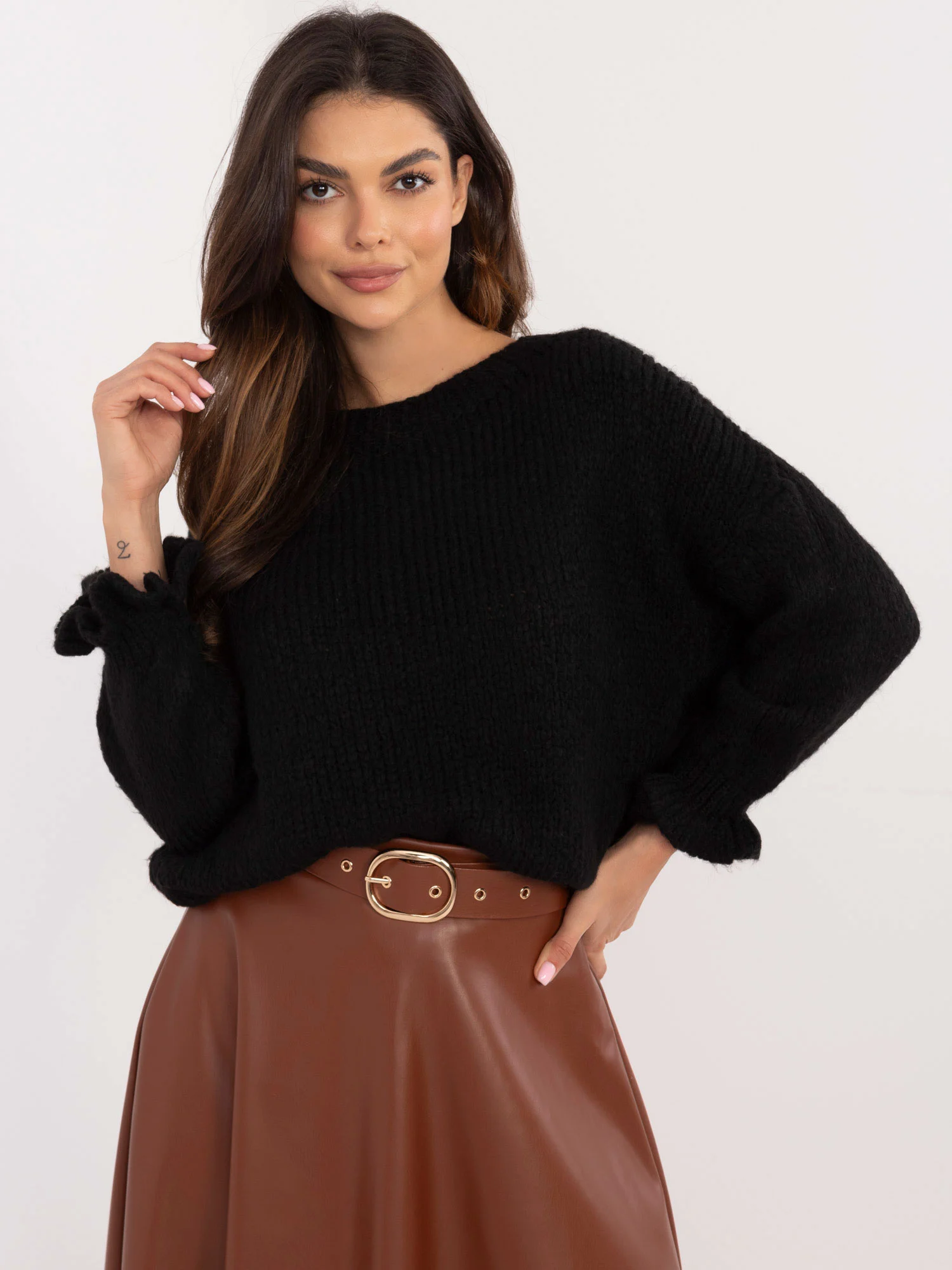 Pulover Dama Maneca lunga, Decolteu rotund, ITALY MODA, Negru Eleganta Office - imagine 5