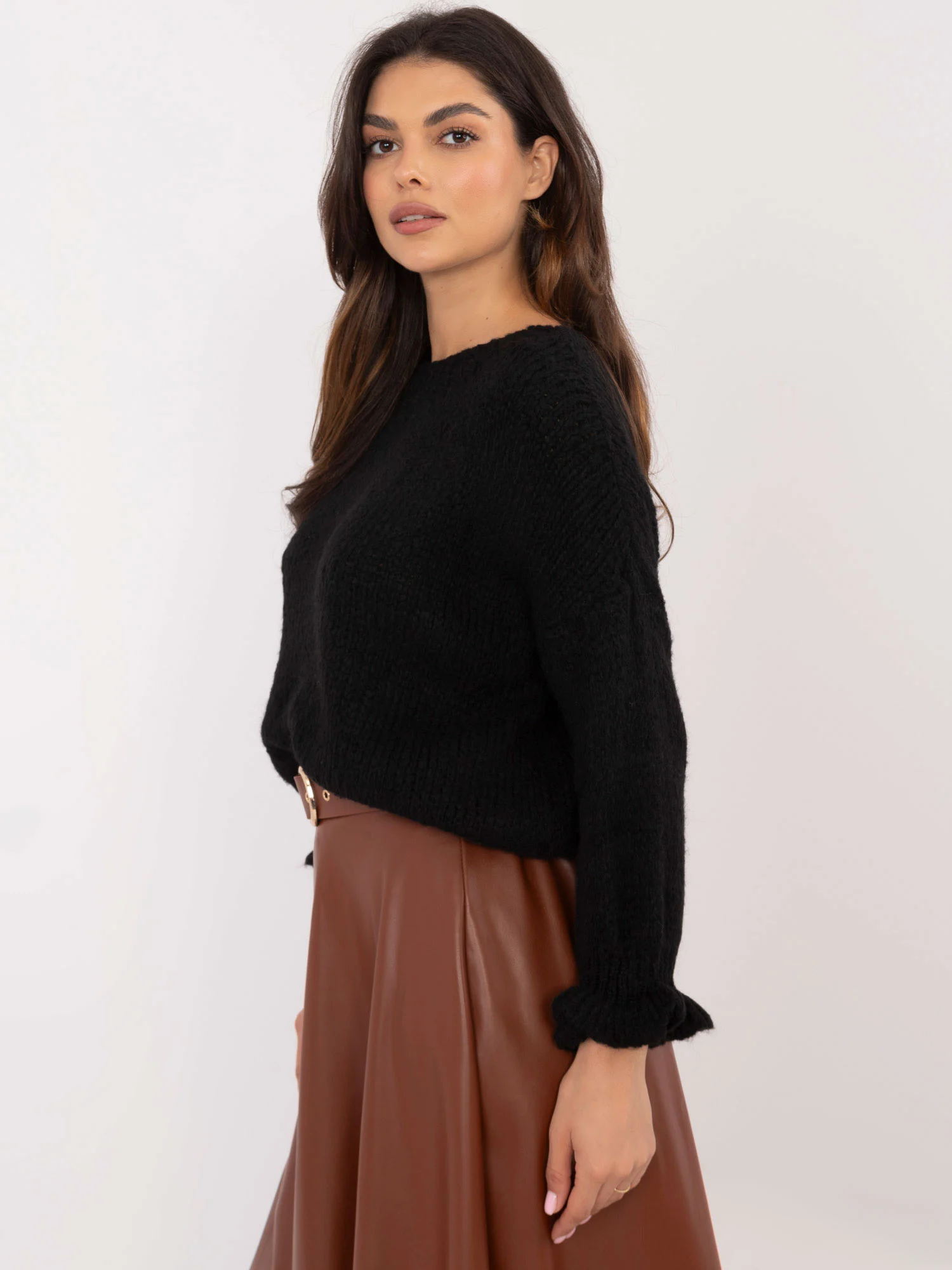 Pulover Dama Maneca lunga, Decolteu rotund, ITALY MODA, Negru Eleganta Office - imagine 4