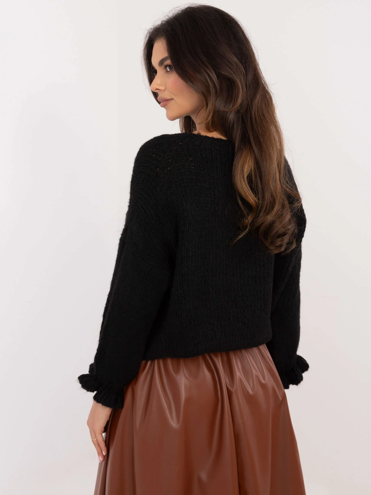 Pulover Dama Maneca lunga, Decolteu rotund, ITALY MODA, Negru Eleganta Office - imagine 3
