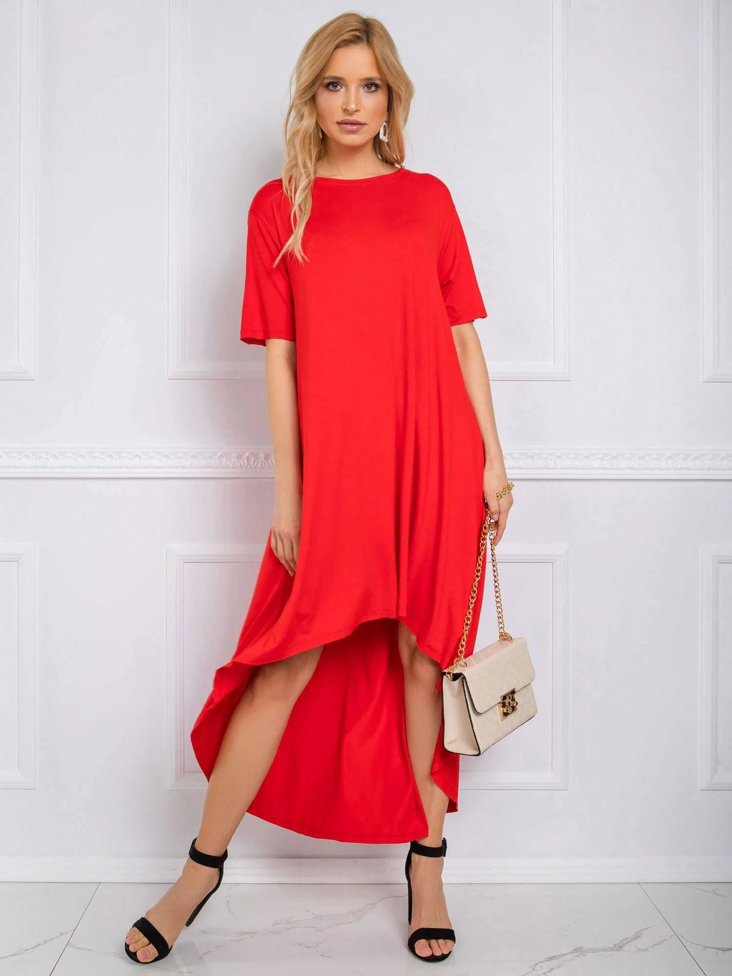 Rochie Dama Midi, Rochie asimetrica, RUE PARIS, Rosu de Vara - Image 4