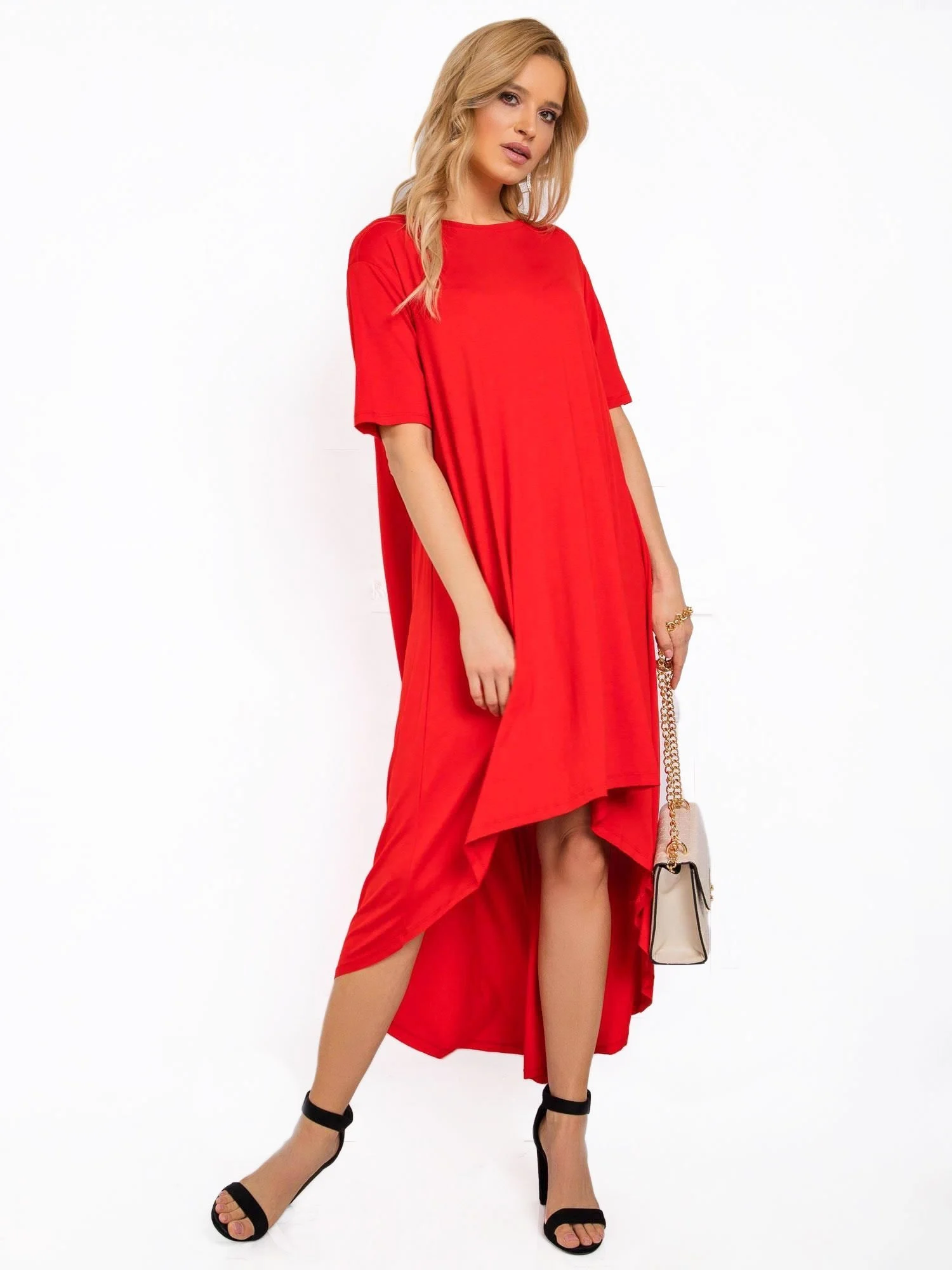Rochie Dama Midi, Rochie asimetrica, RUE PARIS, Rosu de Vara - Image 3