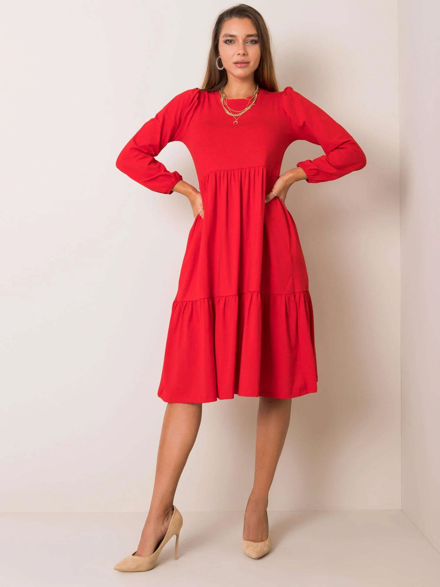 Rochie Dama Midi, Decolteu rotund, RUE PARIS, Rosu Casual - Image 2