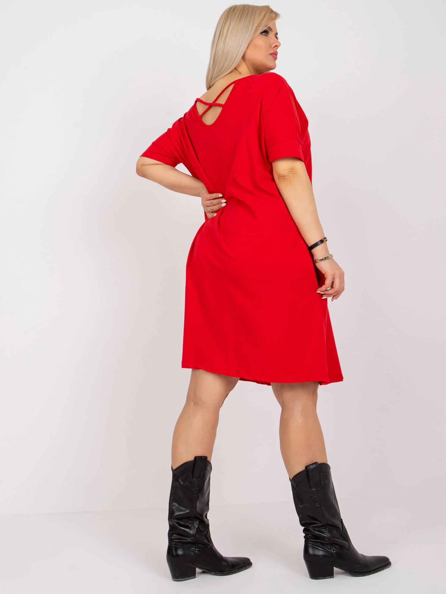 Rochie Dama Midi, Decolteu rotund, BASIC FEEL GOOD, Rosu Eleganta Office Marimi Mari - imagine 5