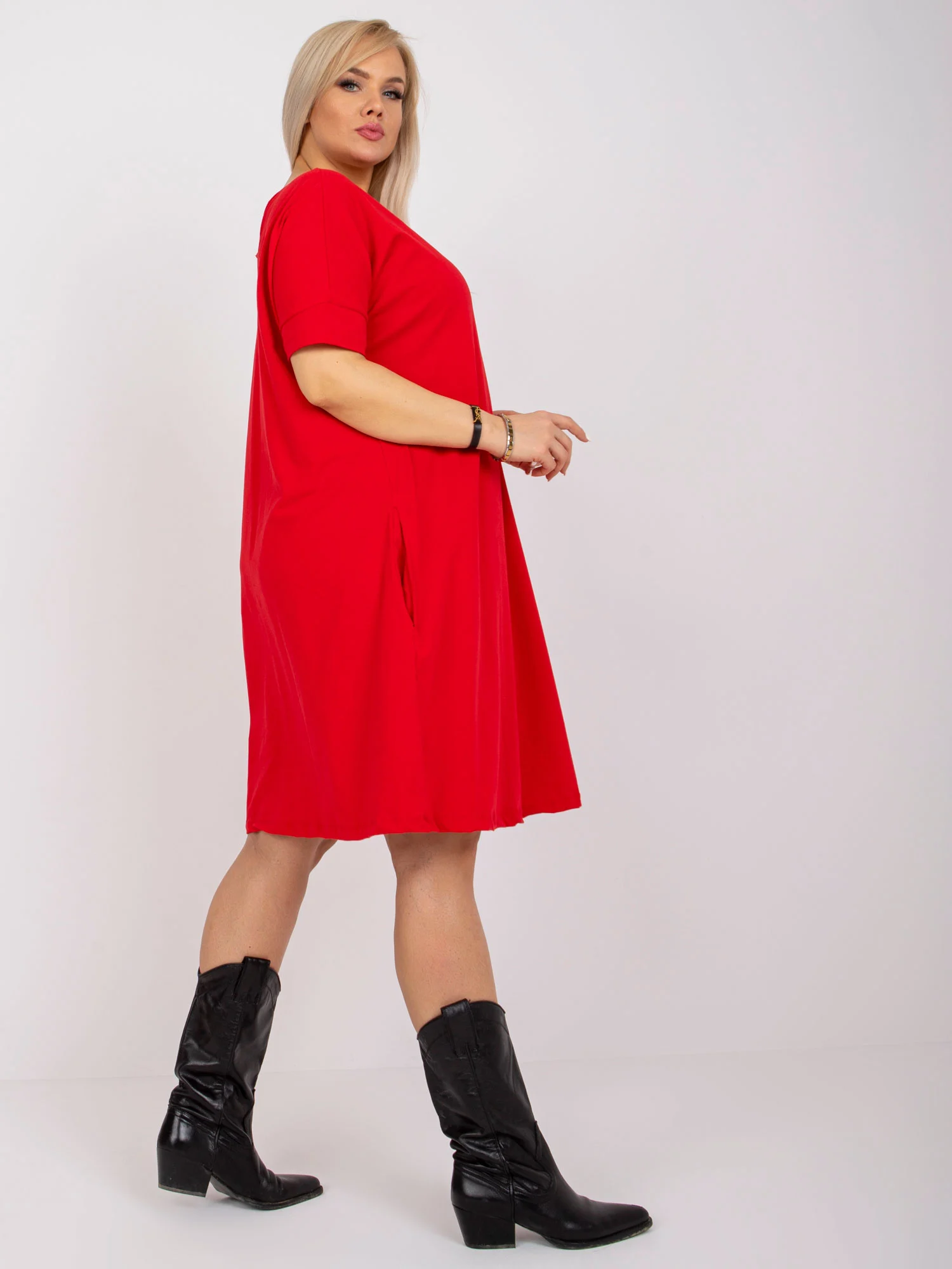 Rochie Dama Midi, Decolteu rotund, BASIC FEEL GOOD, Rosu Eleganta Office Marimi Mari - imagine 7