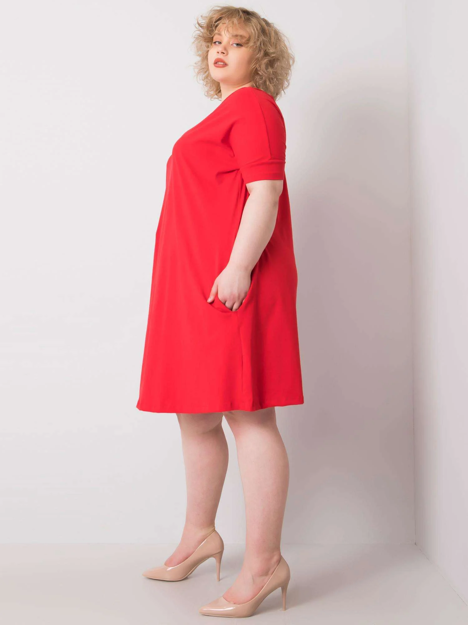 Rochie Dama Midi, Decolteu rotund, BASIC FEEL GOOD, Rosu Eleganta Office Marimi Mari - imagine 3