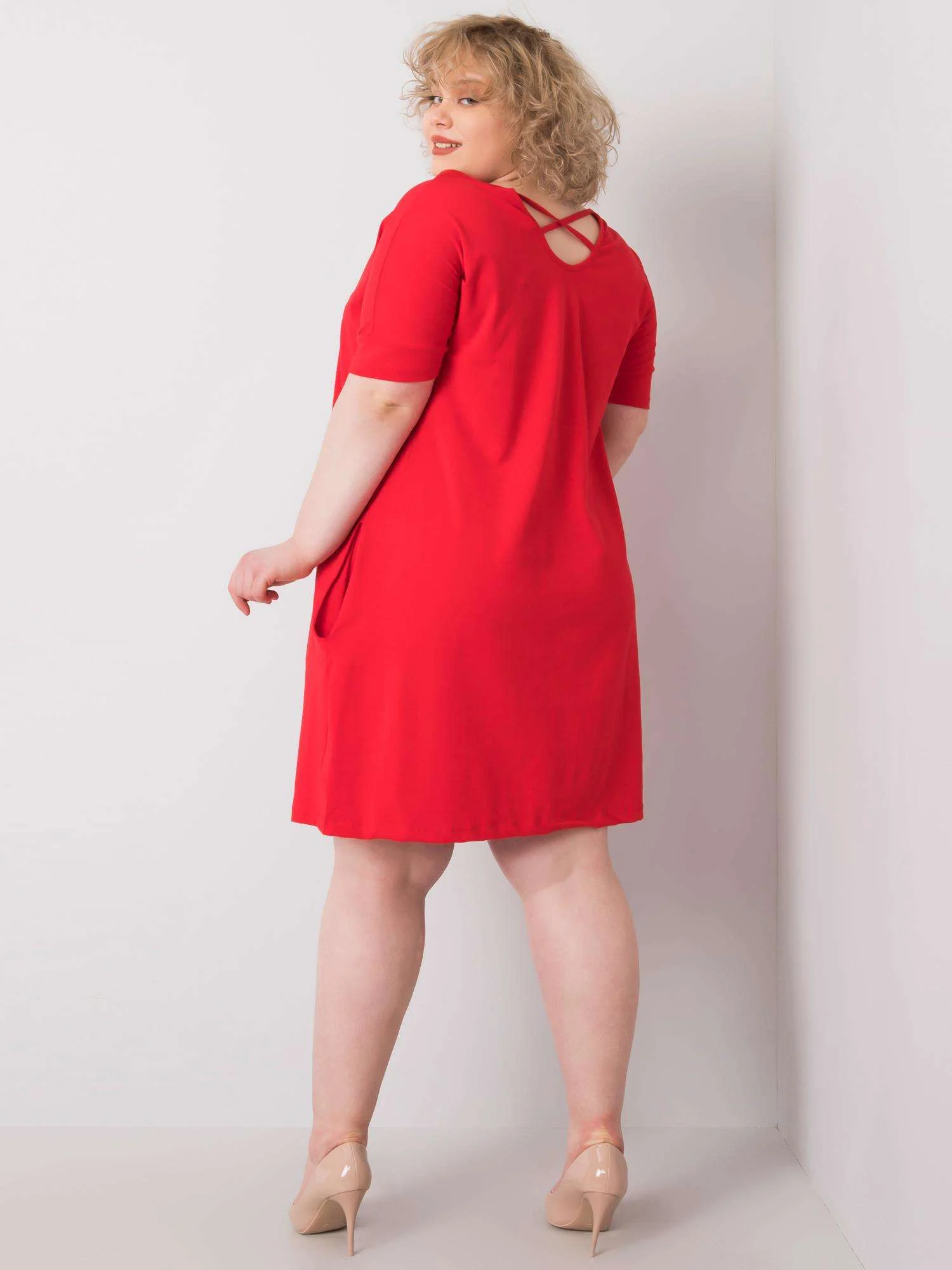 Rochie Dama Midi, Decolteu rotund, BASIC FEEL GOOD, Rosu Eleganta Office Marimi Mari - imagine 6