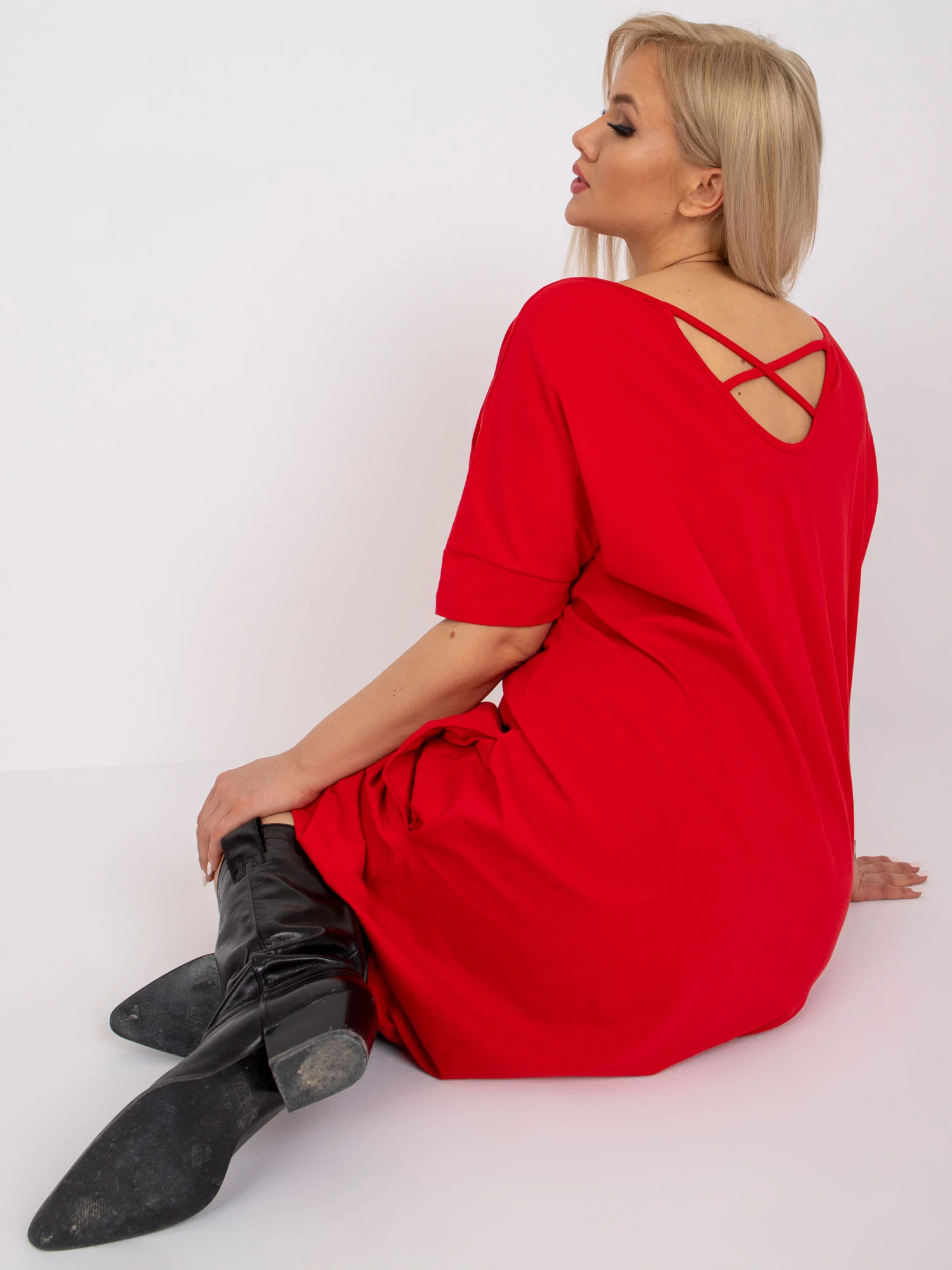 Rochie Dama Midi, Decolteu rotund, BASIC FEEL GOOD, Rosu Eleganta Office Marimi Mari - imagine 4