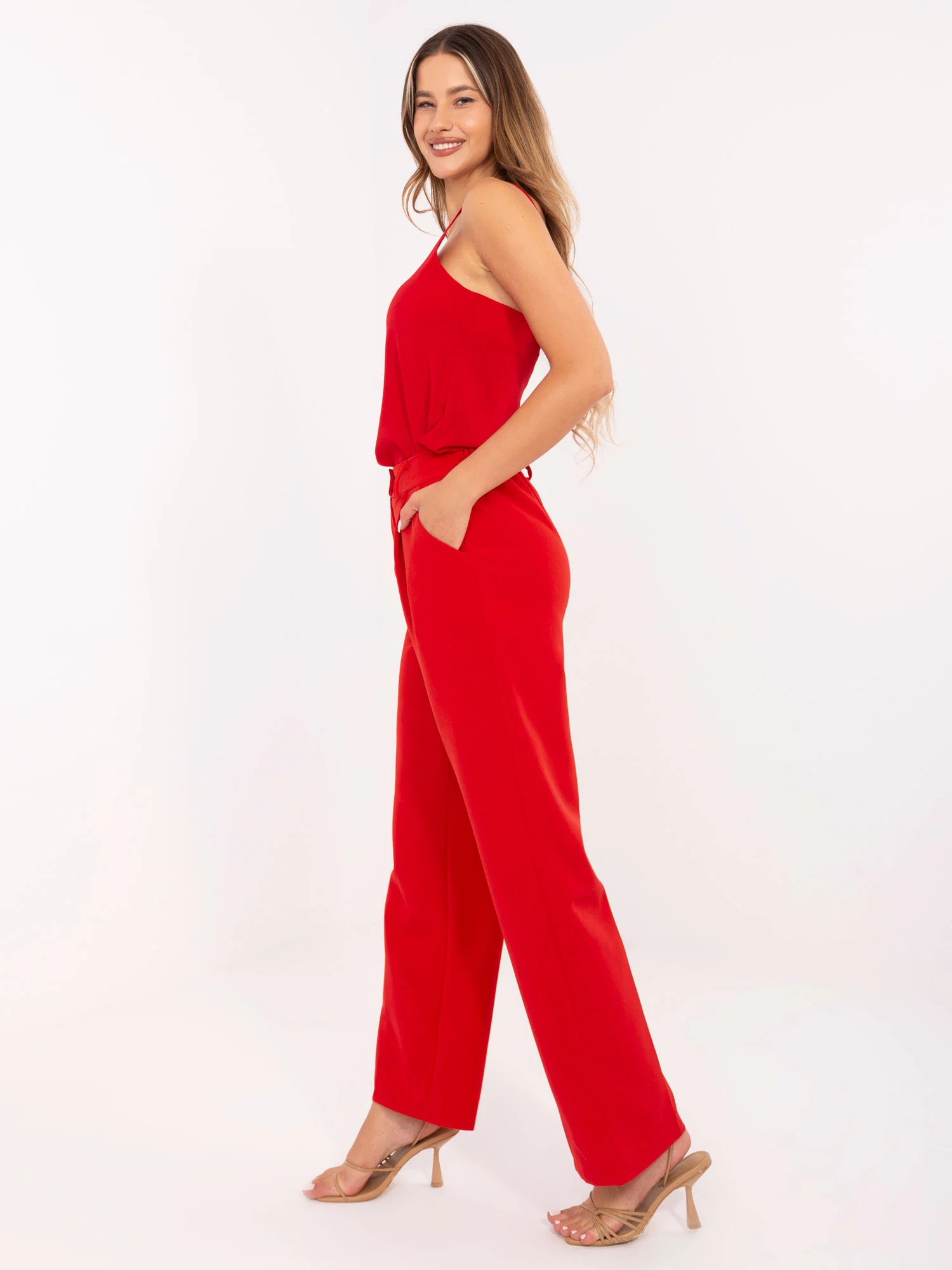 Pantaloni Dama Lejera, Guler inalt, ITALY MODA, Rosu de Petrecere Marimi Mari - imagine 5