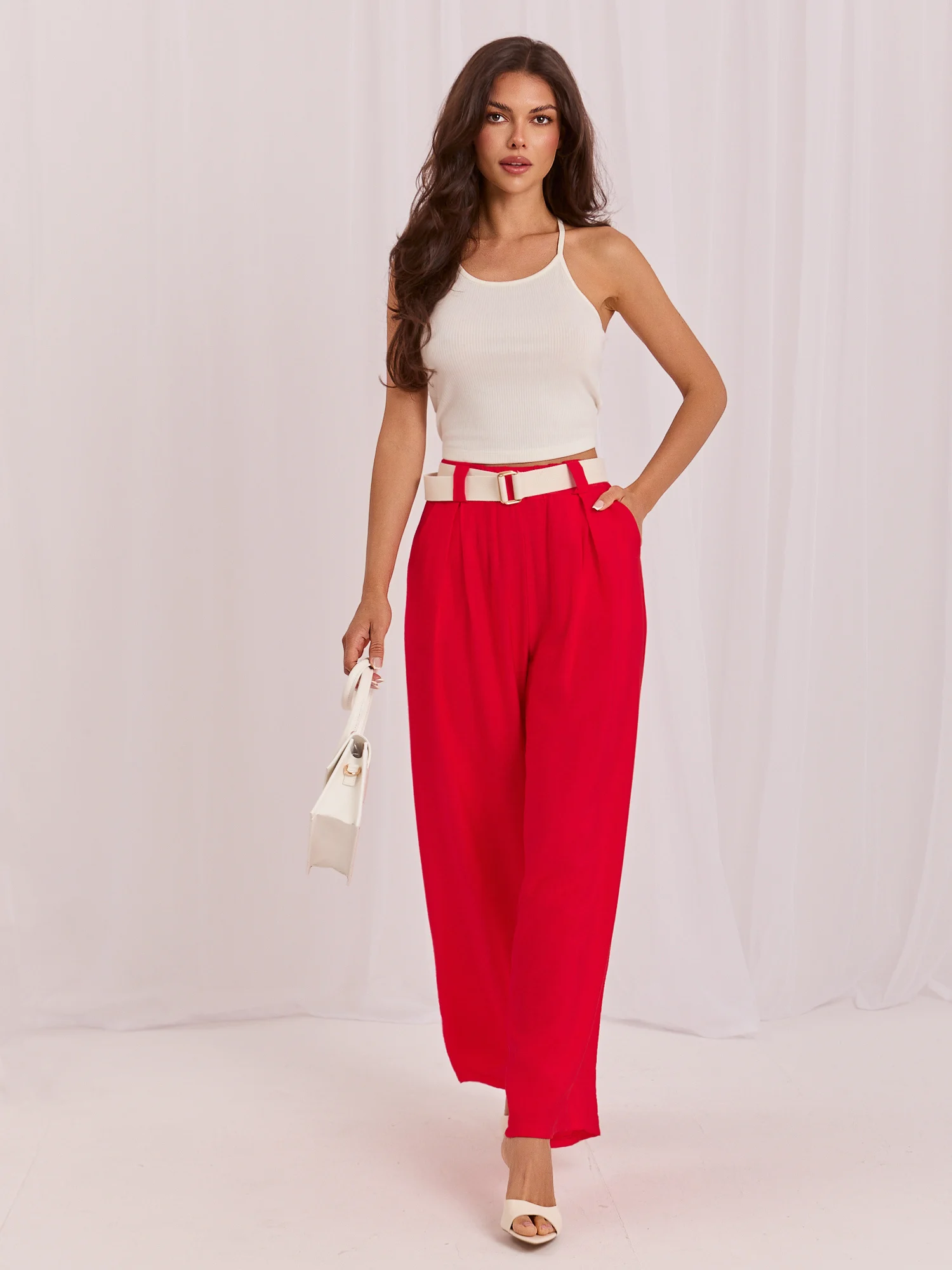 Pantaloni Dama Lunga, Larga, RUE PARIS, Rosu Eleganta Office - imagine 5