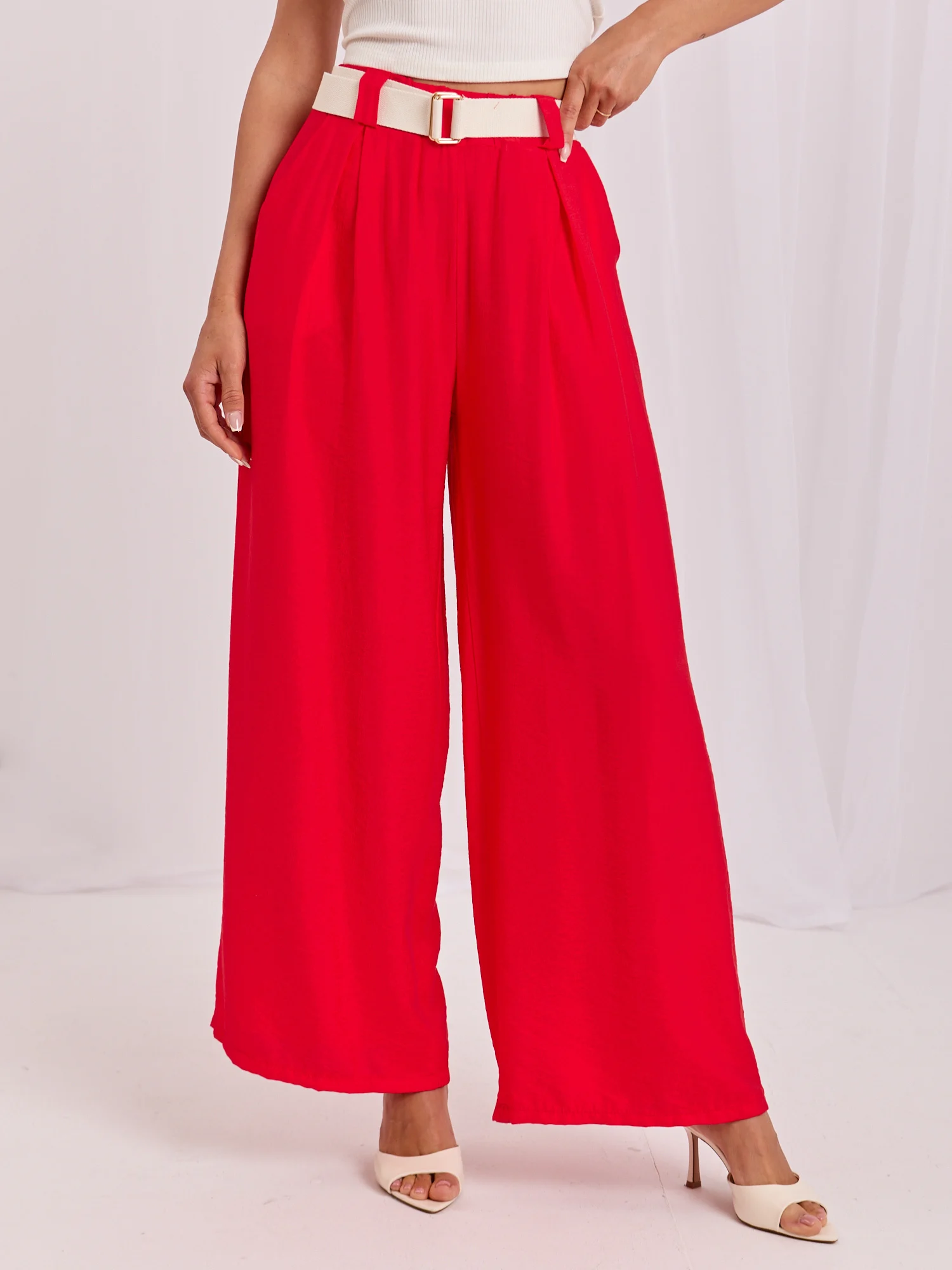 Pantaloni Dama Lunga, Larga, RUE PARIS, Rosu Eleganta Office - imagine 6
