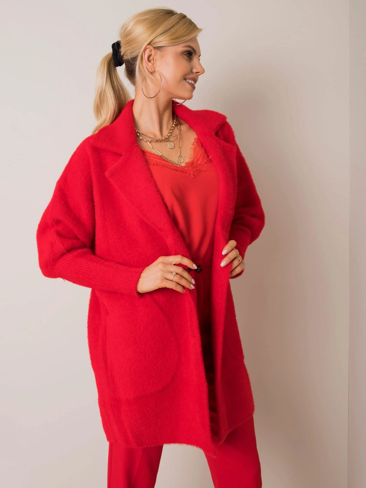 Palton Dama Maneca lunga, Maneca lunga, Fashion Hunters, Rosu Eleganta Office - imagine 4