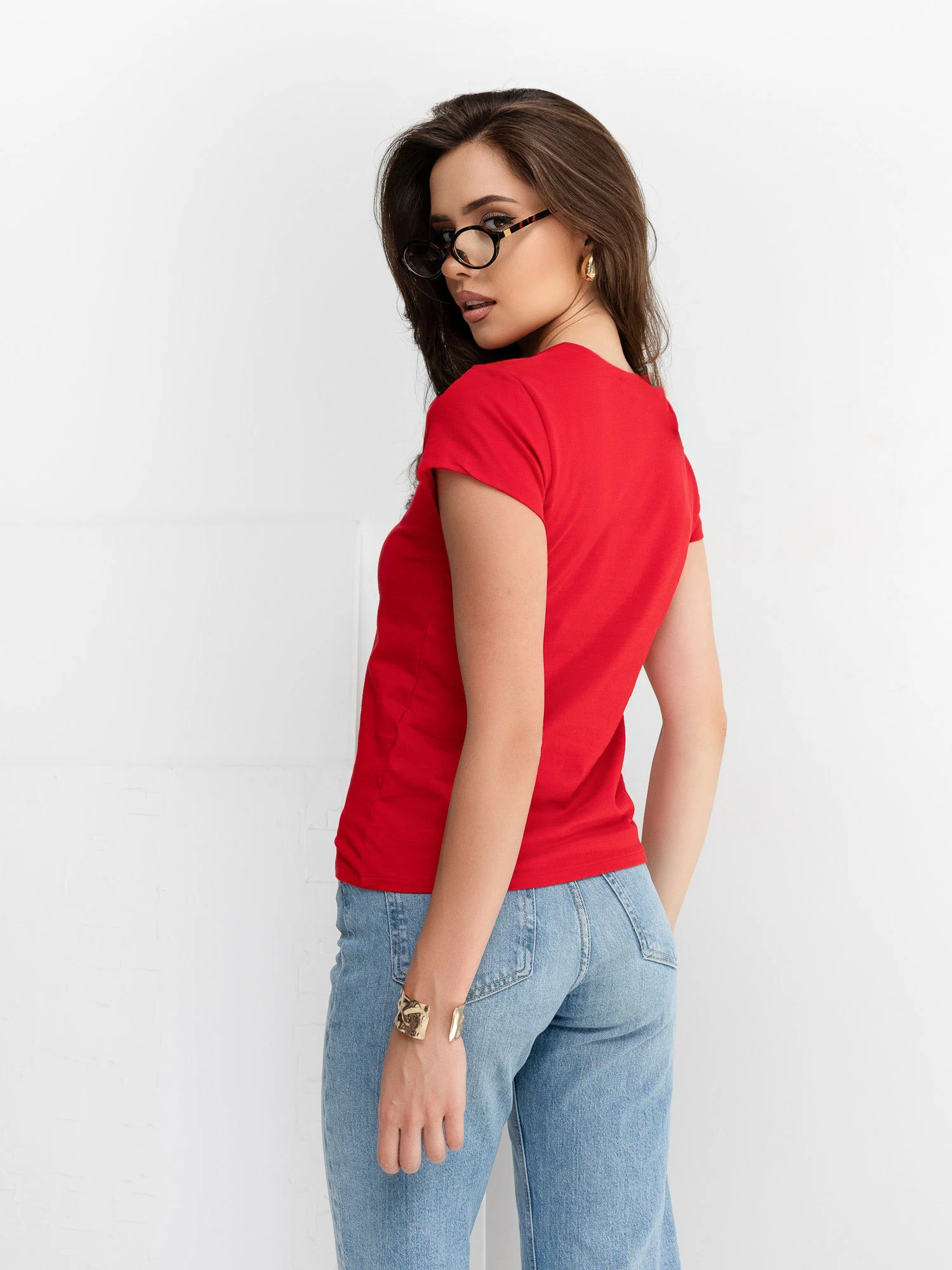 Tricou Dama Mini, Decolteu rotund, BASIC FEEL GOOD, Rosu Casual Marimi Mari - imagine 3