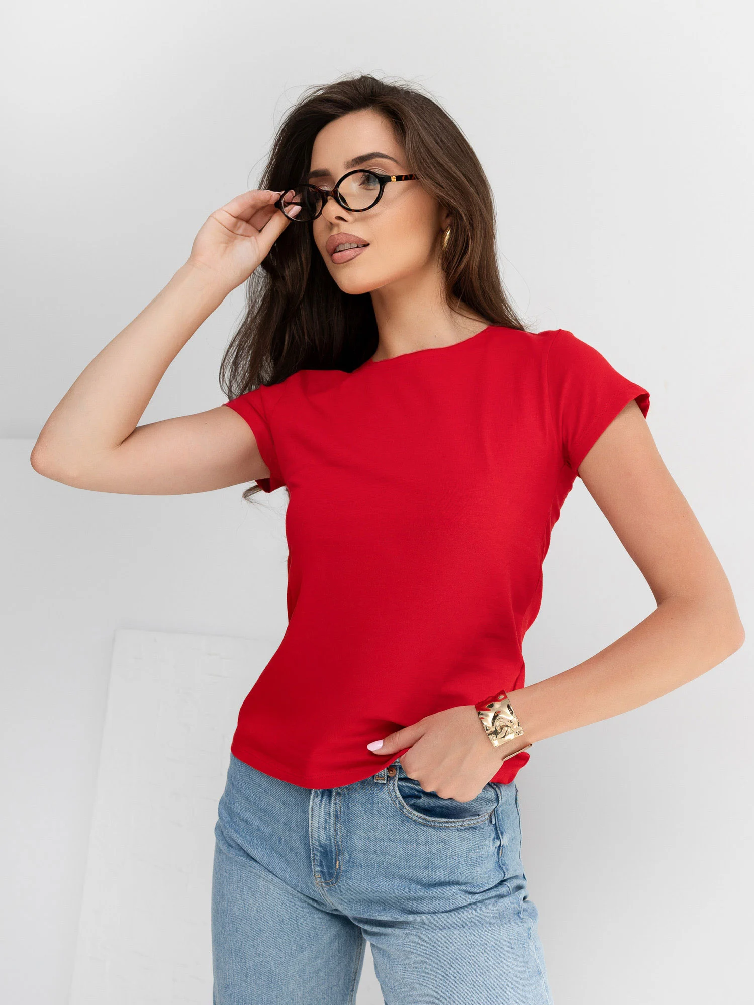 Tricou Dama Mini, Decolteu rotund, BASIC FEEL GOOD, Rosu Casual Marimi Mari - imagine 2