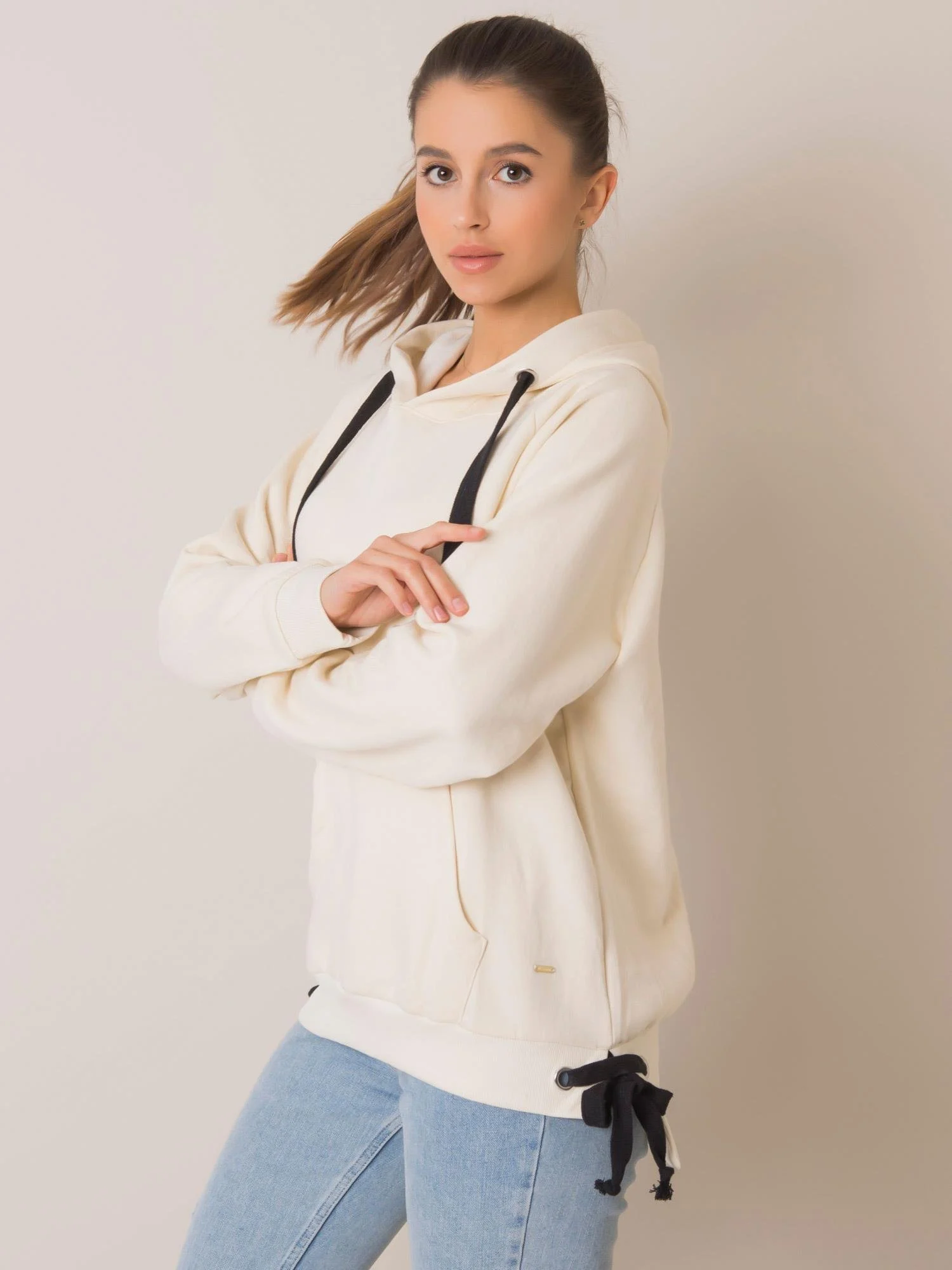 Hanorac Dama Maneca lunga, Decolteu cu gluga, NieZnaszMnie, Ecru Casual Marimi Mari - imagine 3