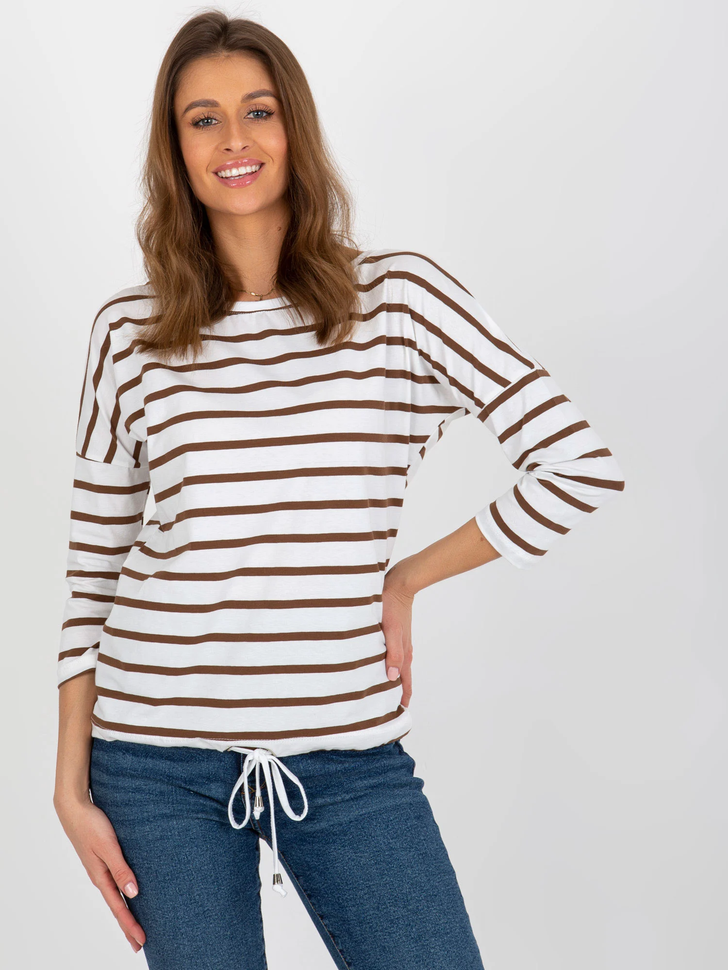 Bluza Dama Maneca 3/4, Dungi, BASIC FEEL GOOD, Ecru Casual - imagine 2