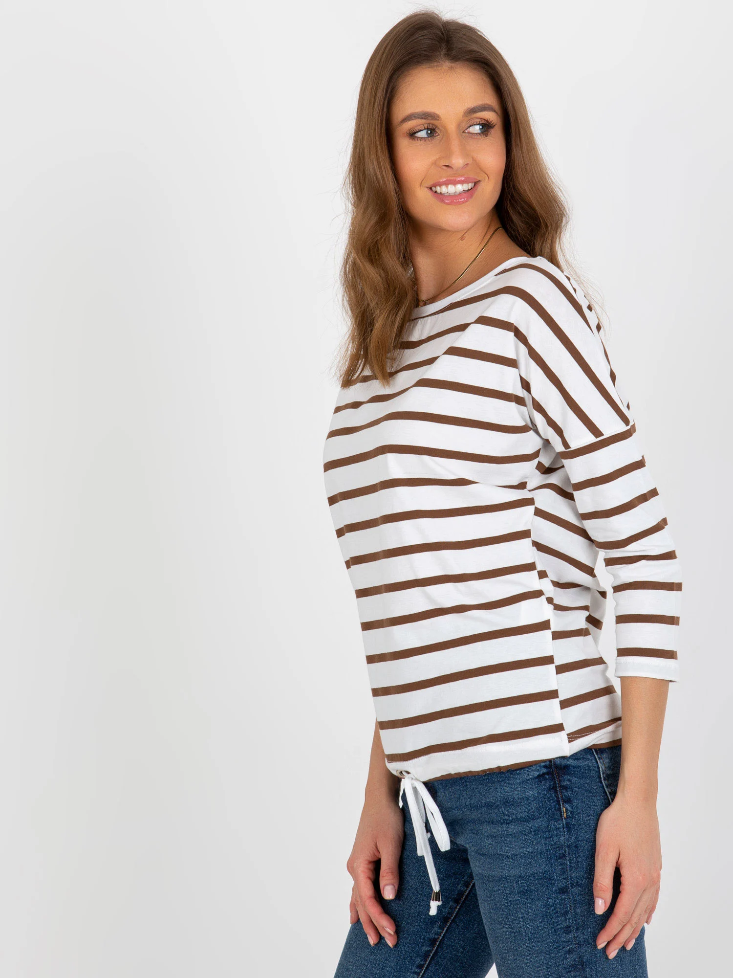 Bluza Dama Maneca 3/4, Dungi, BASIC FEEL GOOD, Ecru Casual - imagine 5