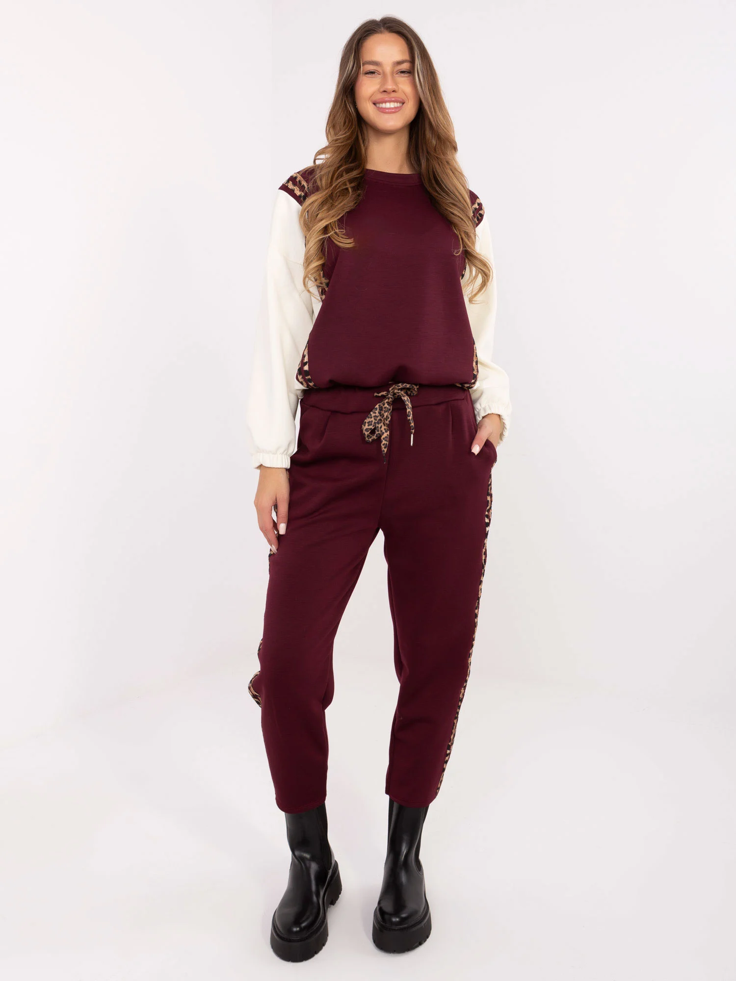 Compleu Dama Maneca lunga, Animal print, ITALY MODA, Bordo Casual - imagine 3