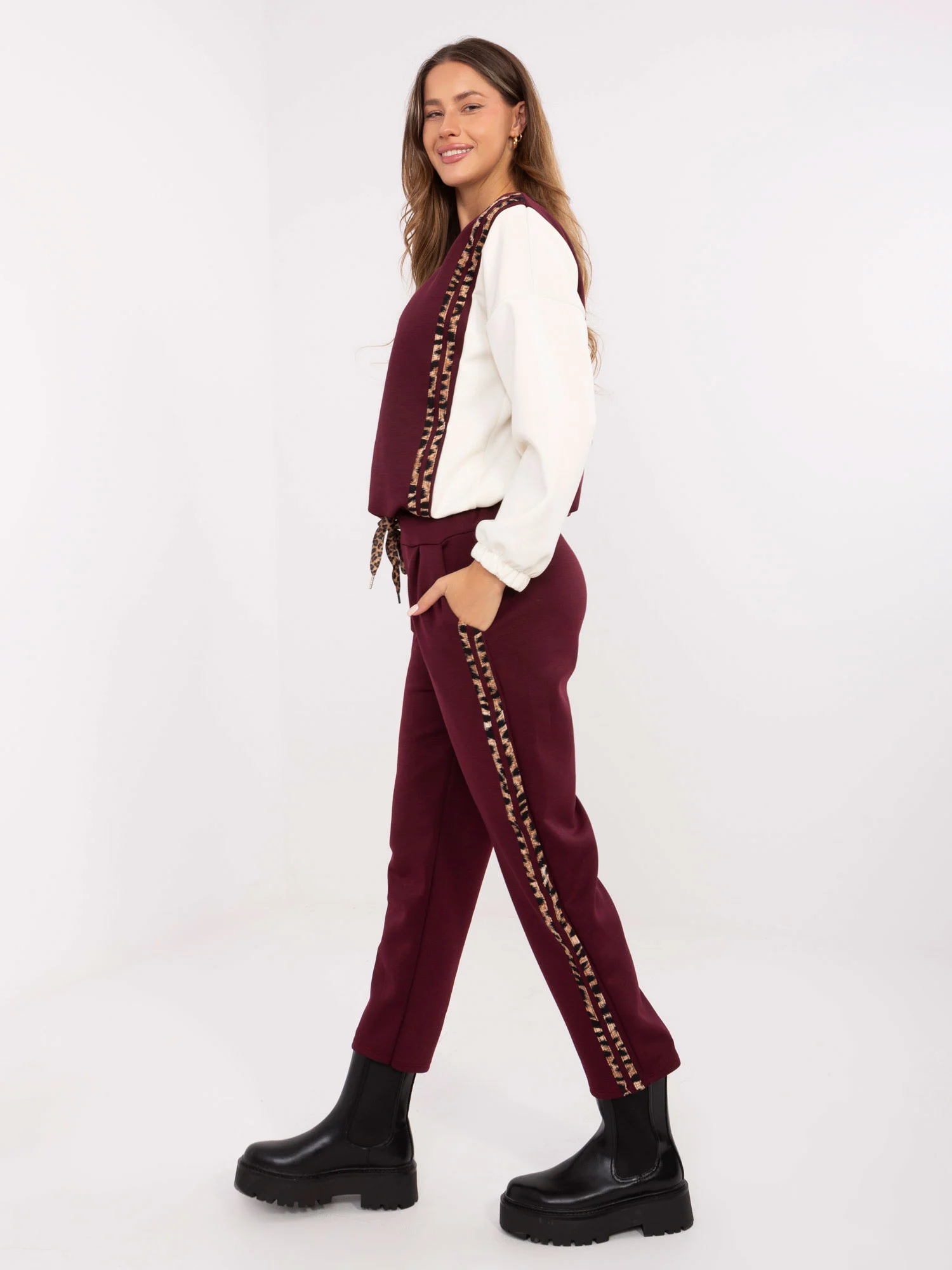 Compleu Dama Maneca lunga, Animal print, ITALY MODA, Bordo Casual - imagine 2