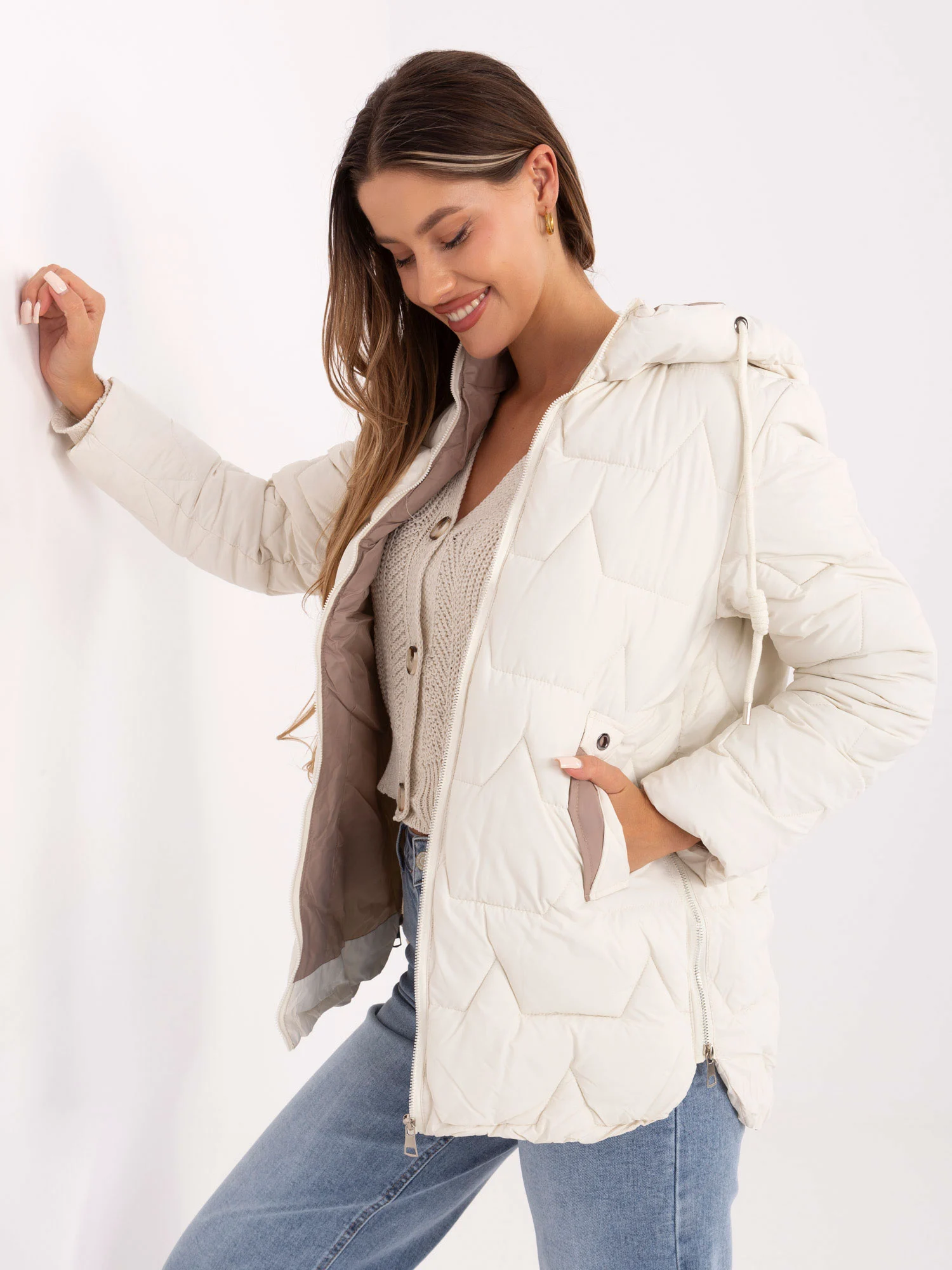 Jacheta Dama Maneca lunga, Guler inalt, Snow Moda, Ecru de Vara Marimi Mari - imagine 5