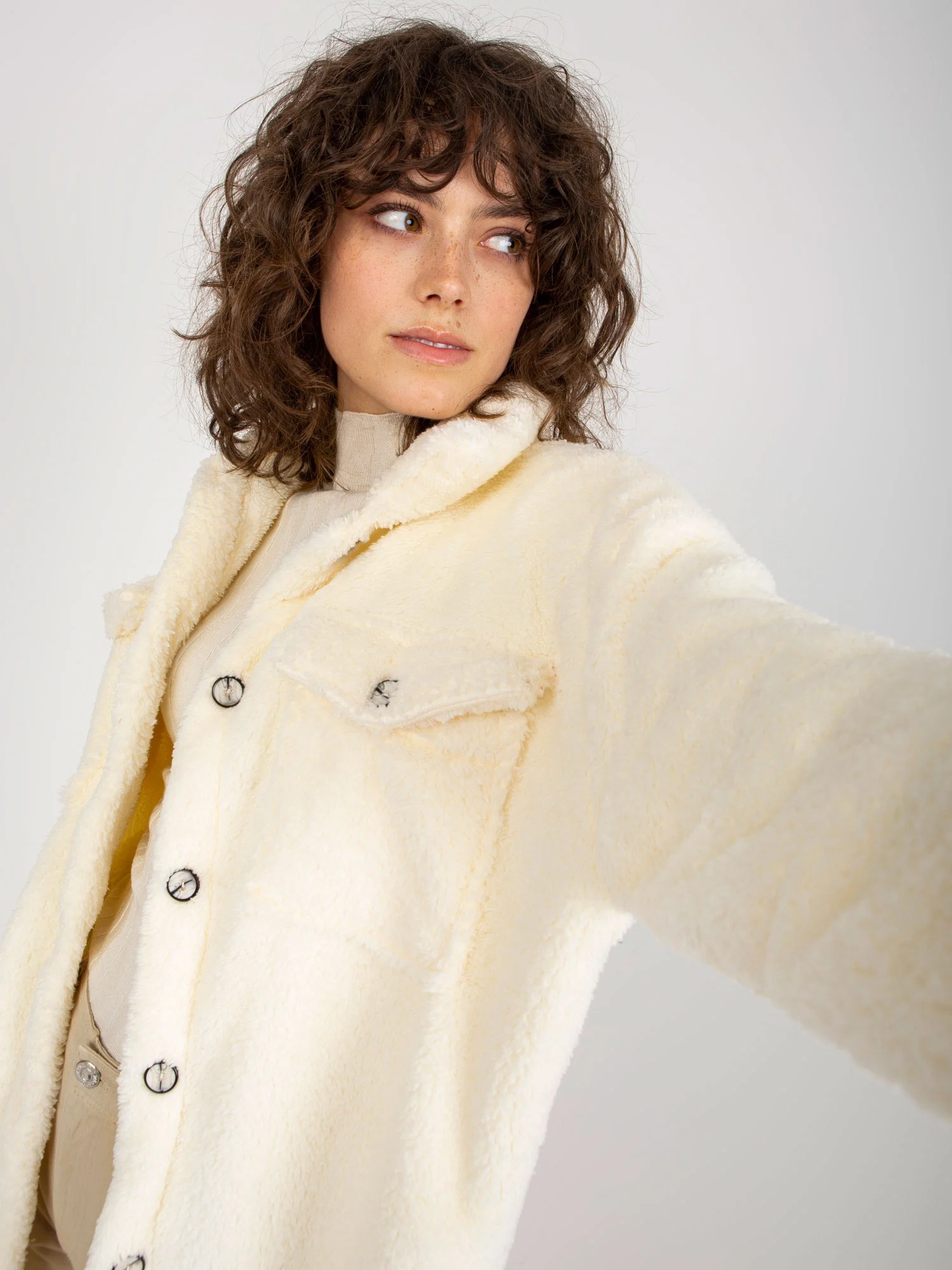 Camasa Dama Lunga, Guler inalt, RUE PARIS, Ecru Casual - imagine 3