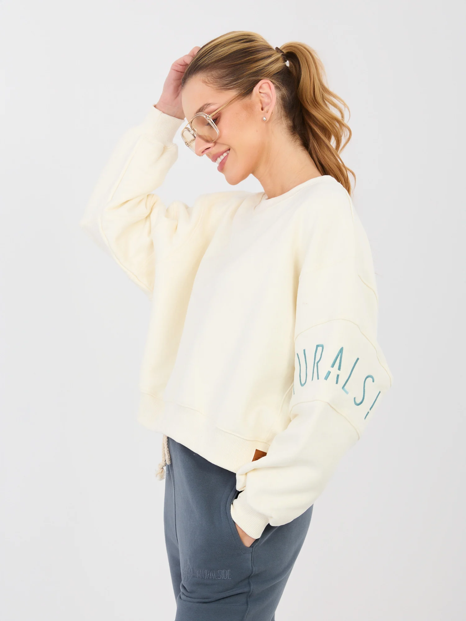 Hanorac Dama Mini, Decolteu rotund, NATURAL SIDE, Ecru Casual - imagine 3