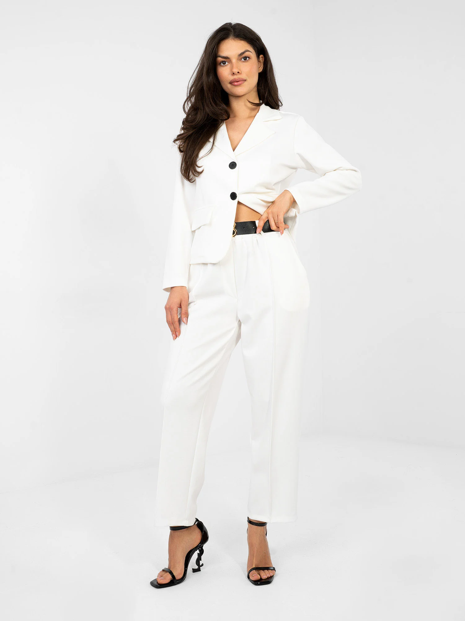 Pantaloni Dama Elegant, Guler inalt, ITALY MODA, Ecru Eleganta Office - imagine 3