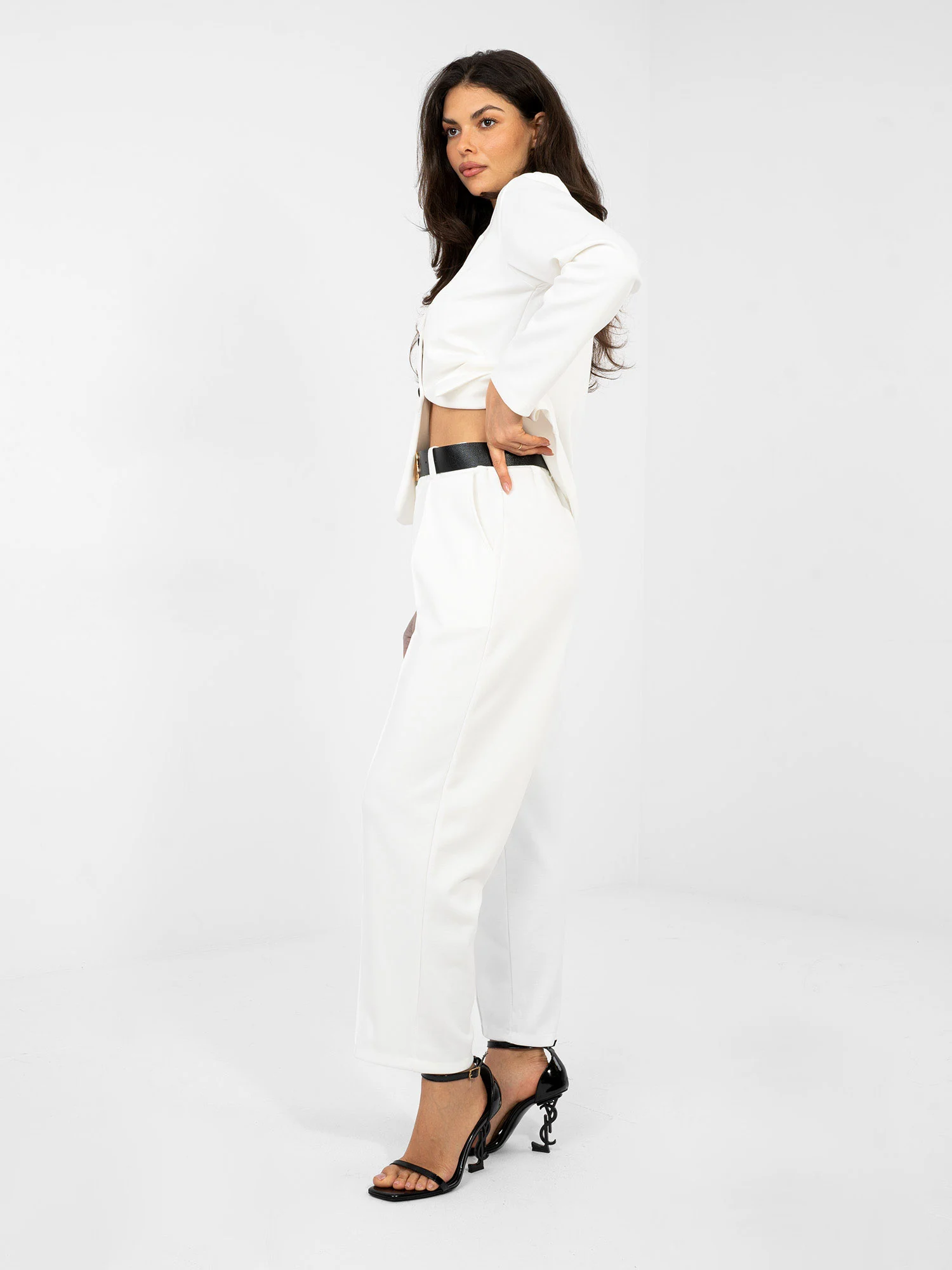 Pantaloni Dama Elegant, Guler inalt, ITALY MODA, Ecru Eleganta Office - imagine 6