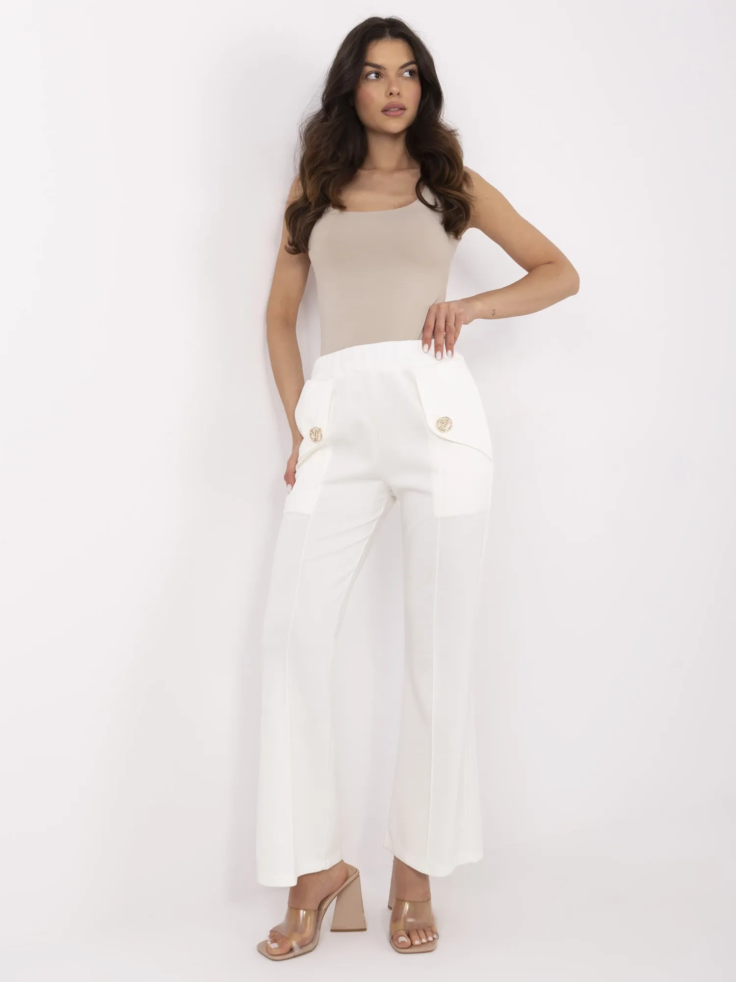 Pantaloni Dama Lejera, Guler inalt, ITALY MODA, Ecru Eleganta Office - imagine 2