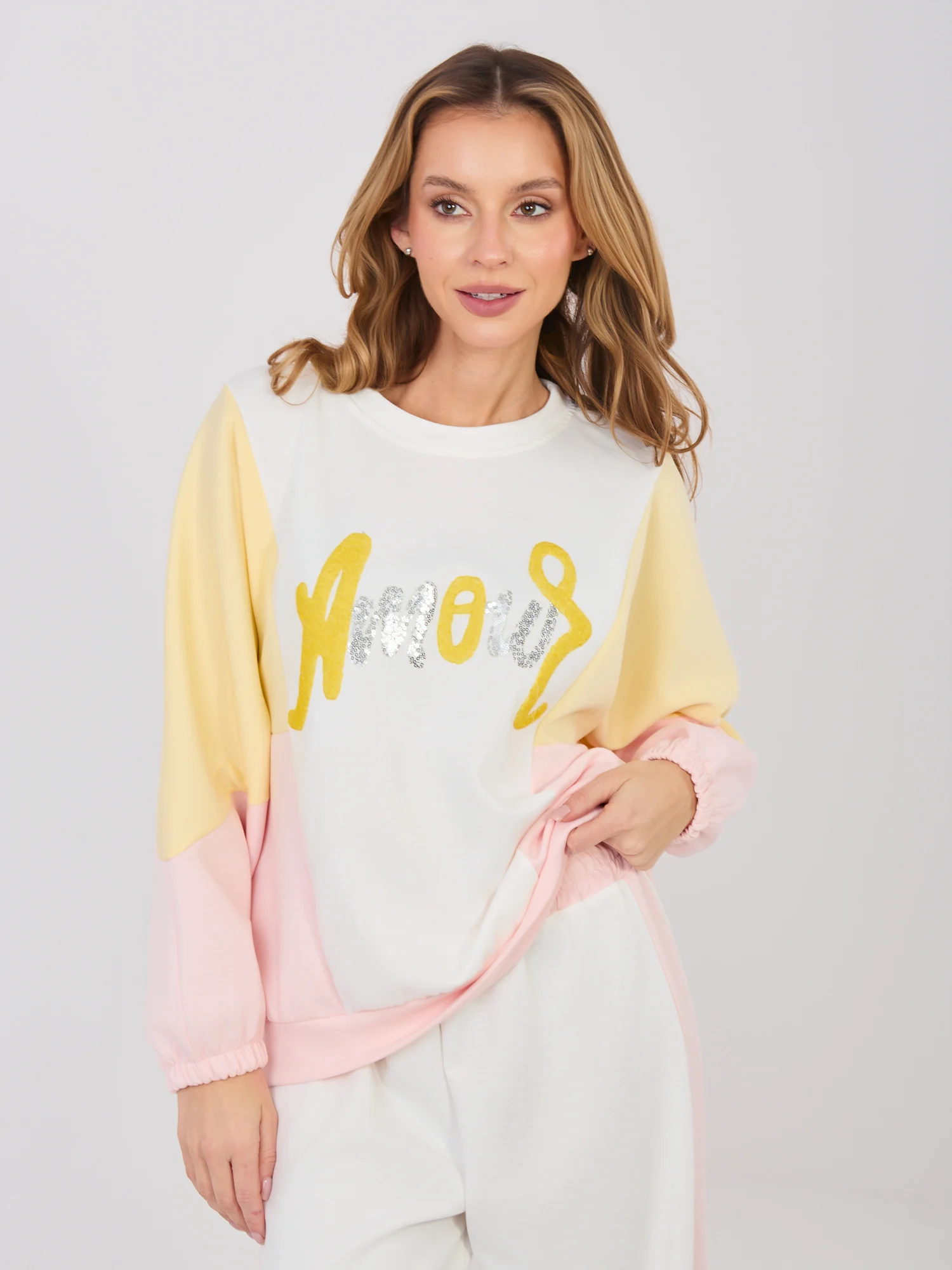 Compleu Dama Maneca lunga, Paiete, RUE PARIS, Ecru Casual - imagine 3
