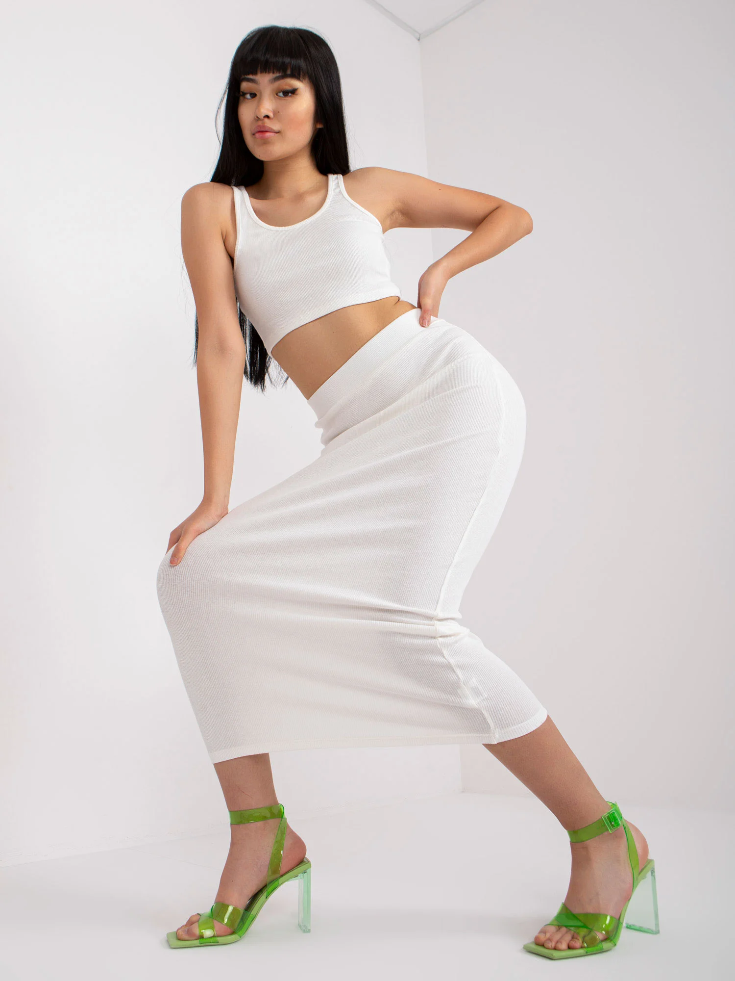 Compleu Dama Midi, Dungi, RUE PARIS, Ecru Casual - imagine 4
