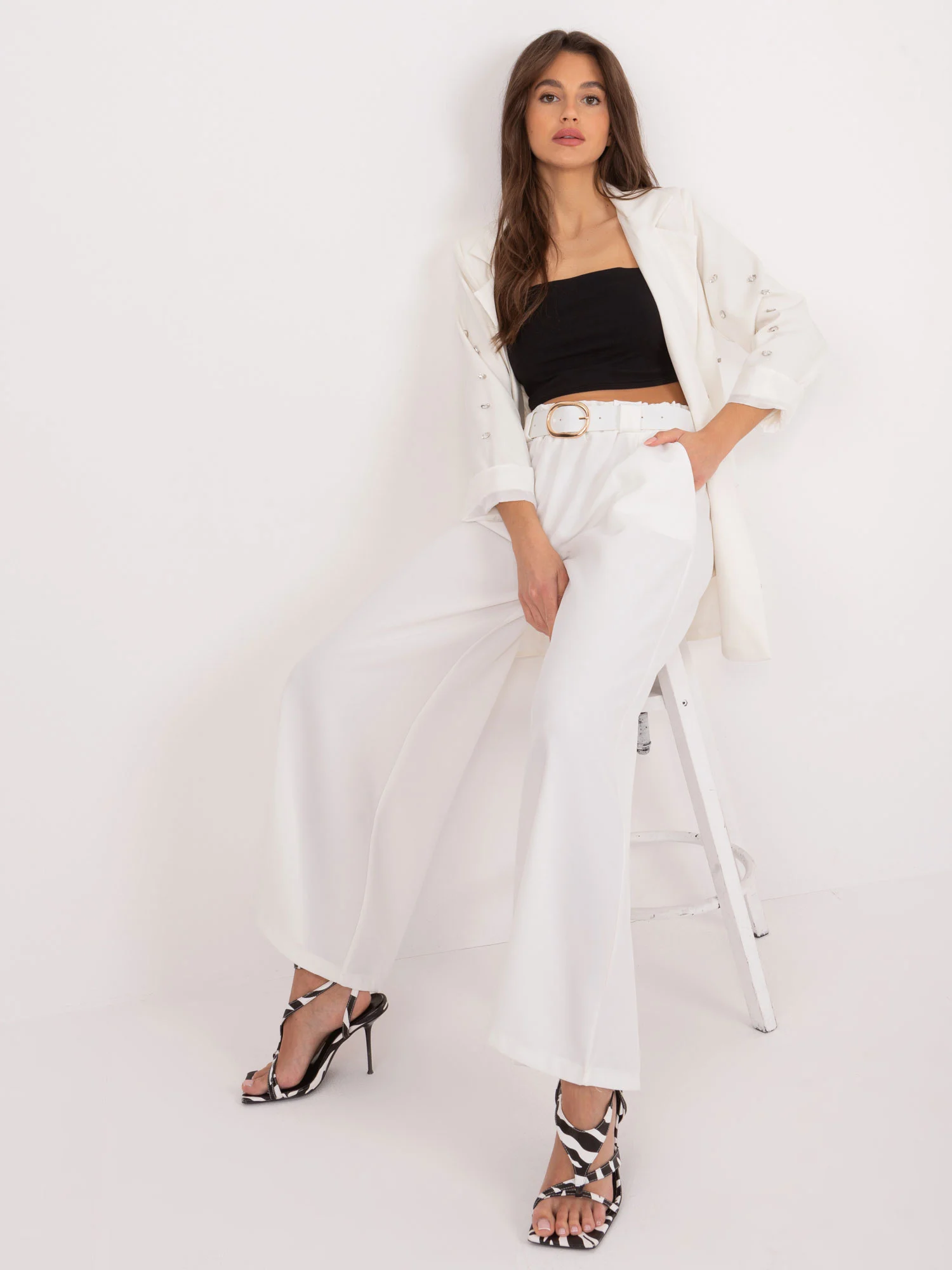 Pantaloni Dama Elegant, Guler inalt, ITALY MODA, Ecru de Petrecere - imagine 2