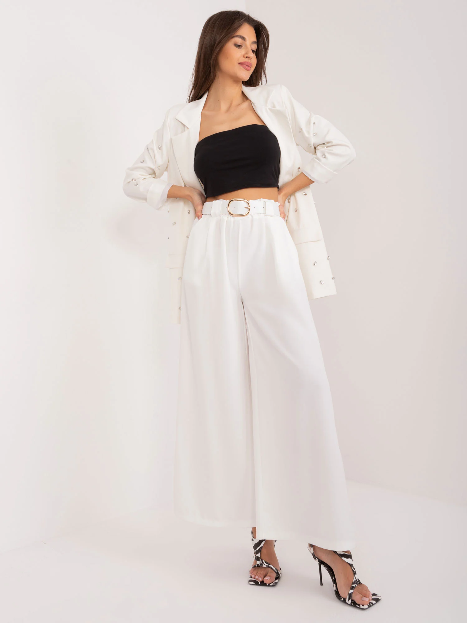 Pantaloni Dama Elegant, Guler inalt, ITALY MODA, Ecru de Petrecere - imagine 6