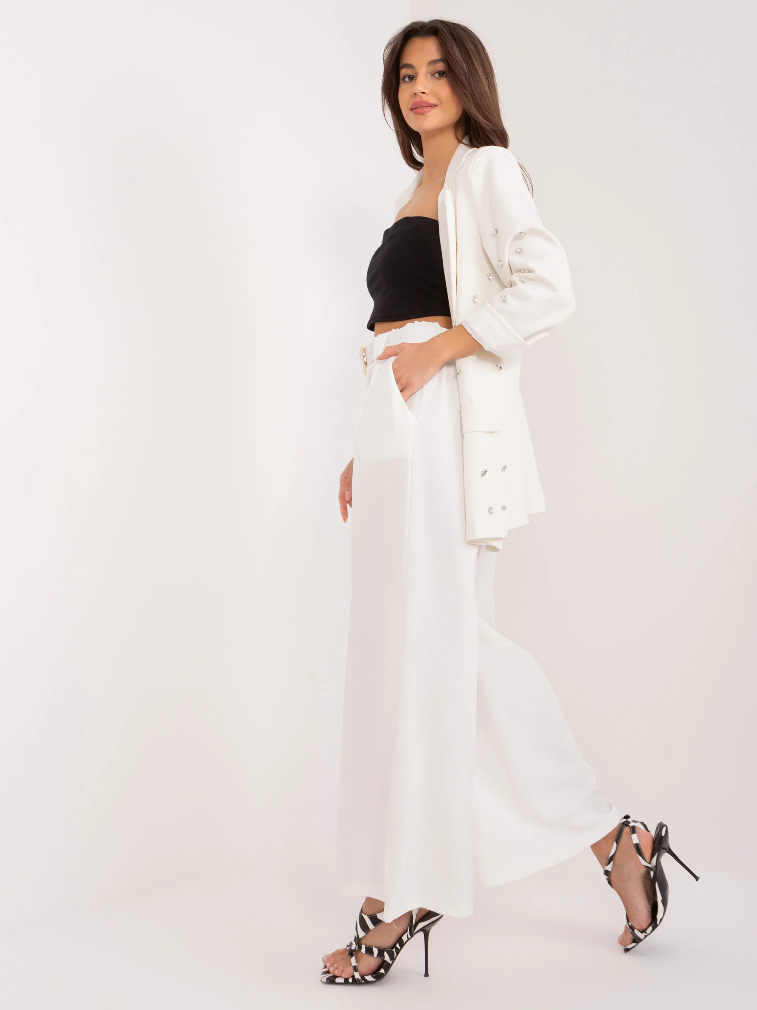 Pantaloni Dama Elegant, Guler inalt, ITALY MODA, Ecru de Petrecere - imagine 5