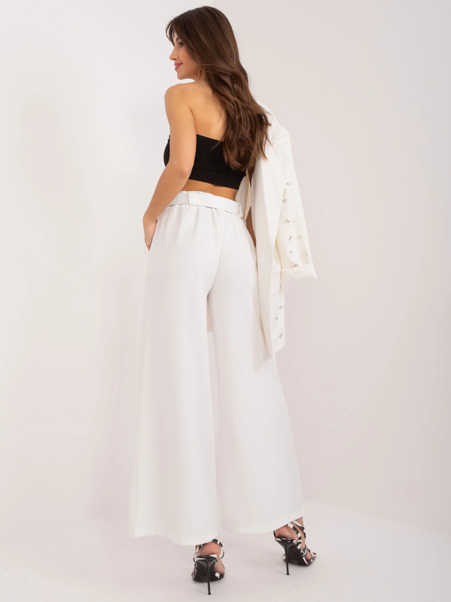 Pantaloni Dama Elegant, Guler inalt, ITALY MODA, Ecru de Petrecere - imagine 4