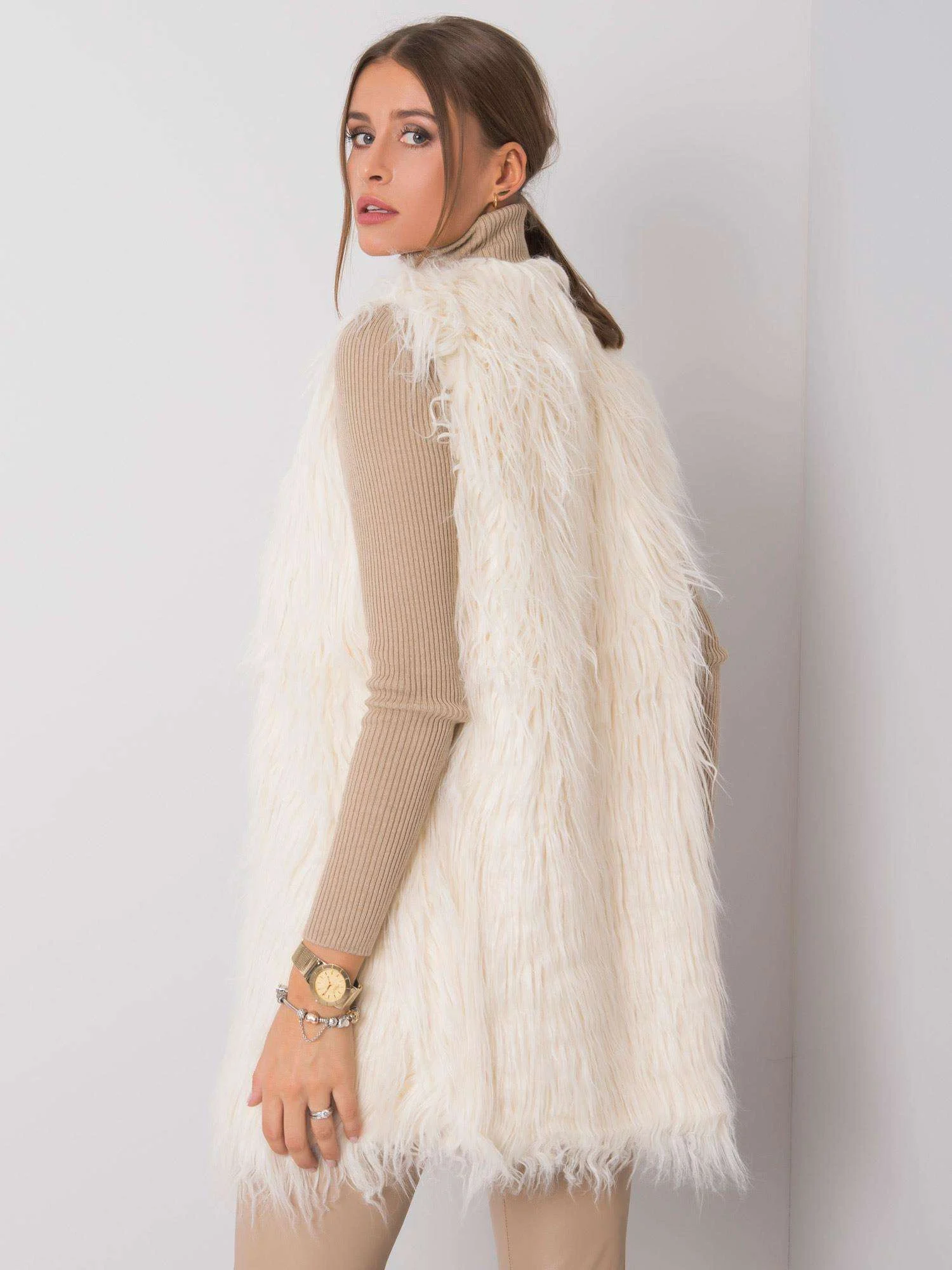 Vesta Dama Fara maneci, Elegant, Wool Fashion Italia, Ecru Eleganta Office - imagine 5